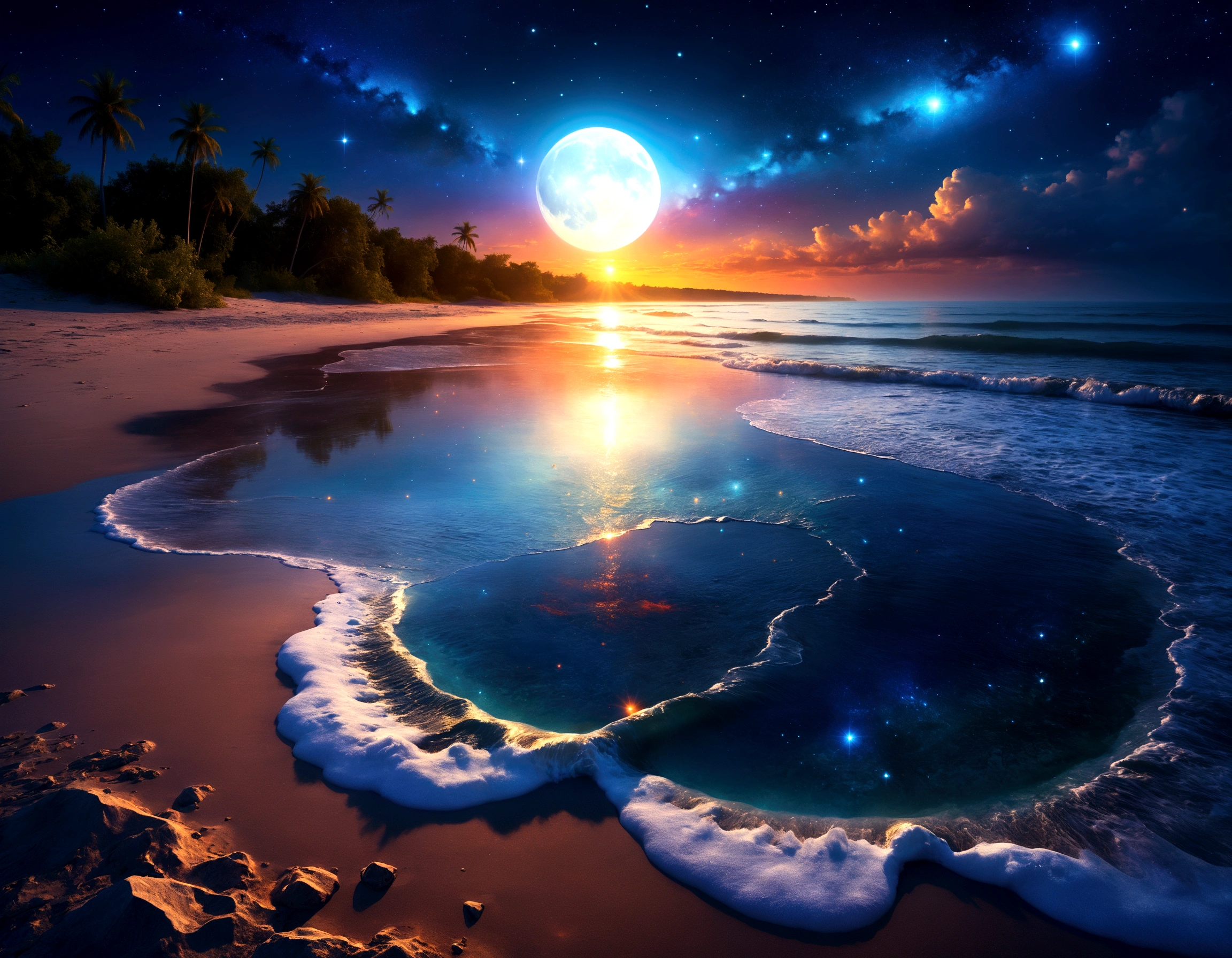art by Phil Koch, Meghan Howland blue moon Digital ral-epochelves surreal image of a summer landscape after sunset luminism representing a vast cosmic eye dominating the night sky, surrounded by a network of stars, nebulae and cosmic dust, Beneath this cosmic spectacle, depicts a tranquil beach with the surface of the ocean is sparkling, lush and symmetrically reflects sparkling nebulae and luminous astral bodies point. Realism: complex background, dynamic lighting, digital painting, intricate details. The overall style should be dreamlike and fantastical, with a touch of realism in the details.