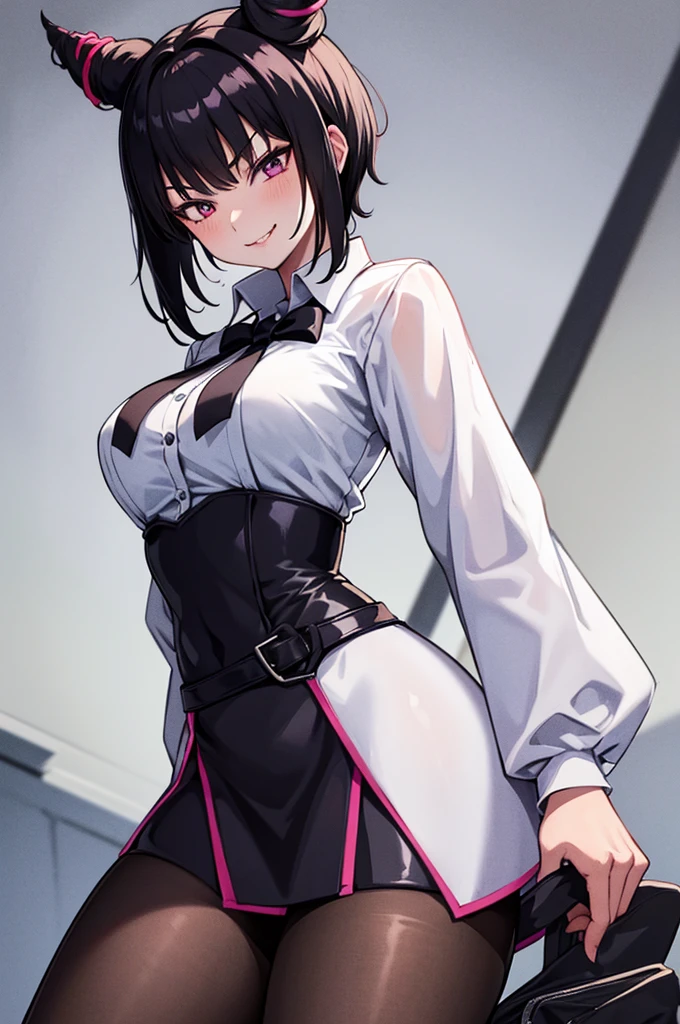 juri han, work of art, tight white secretary shirt with black tie, black high waist skirt, short skirt, short hair, black hair, black tights evil smile,oculos
