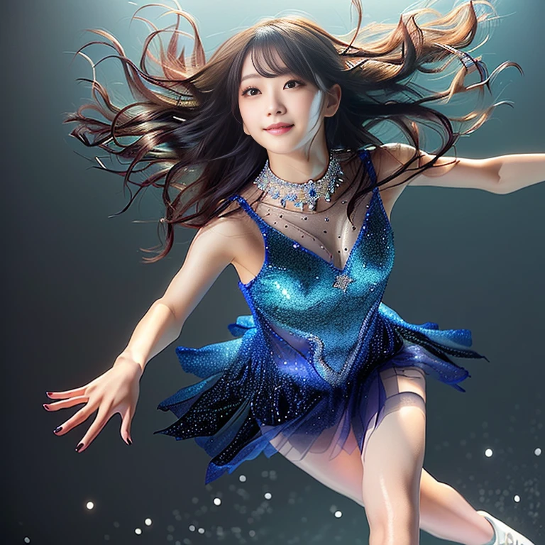 Photo-realistic quality、20-year-old Japanese idol figure skating on the ice with her long hair moving, !!beautiful!!、Dark grey leotard、looking at the camera、Detailed and beautiful eyes、Cute smile、A soft and gentle look