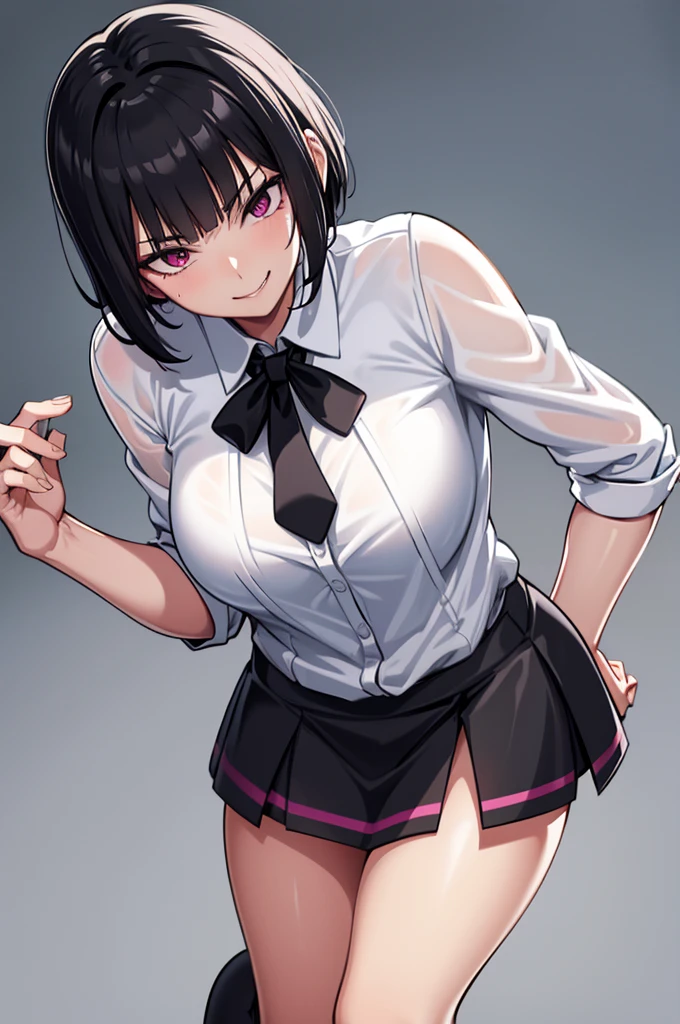 juri han, work of art, tight white secretary shirt with black tie, black high waist skirt, short skirt, short hair, black hair, black tights evil smile,oculos
