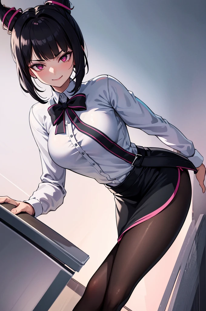 juri han, work of art, tight white secretary shirt with black tie, black high waist skirt, short skirt, short hair, black hair, black tights evil smile,oculos