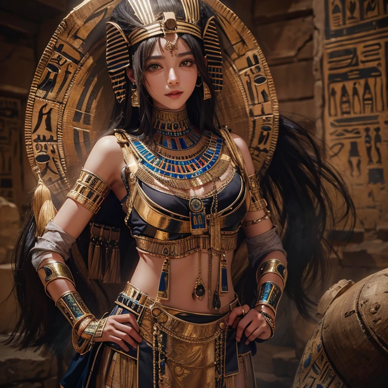 Standing in an ancient Egyptian cave、Blowing hair 、 ((highest quality、masterpiece、8k、Best image quality、Ultra-high resolution、Award-winning works)、(Accurate anatomy:1.1)、(Look at me and smile:1.0)、Shining fair skin with Ultra-high resolution、The most detailed face、Ultra-high resolution detailed face、Ultra-high resolutionの髪の毛、(Ultra-high resolution eye:1.1)、Beautiful face drawn in every detail、Ancient Egyptian costumes, Chest to chest, Dark atmosphere,Dark Light, Ancient Egyptian makeup,