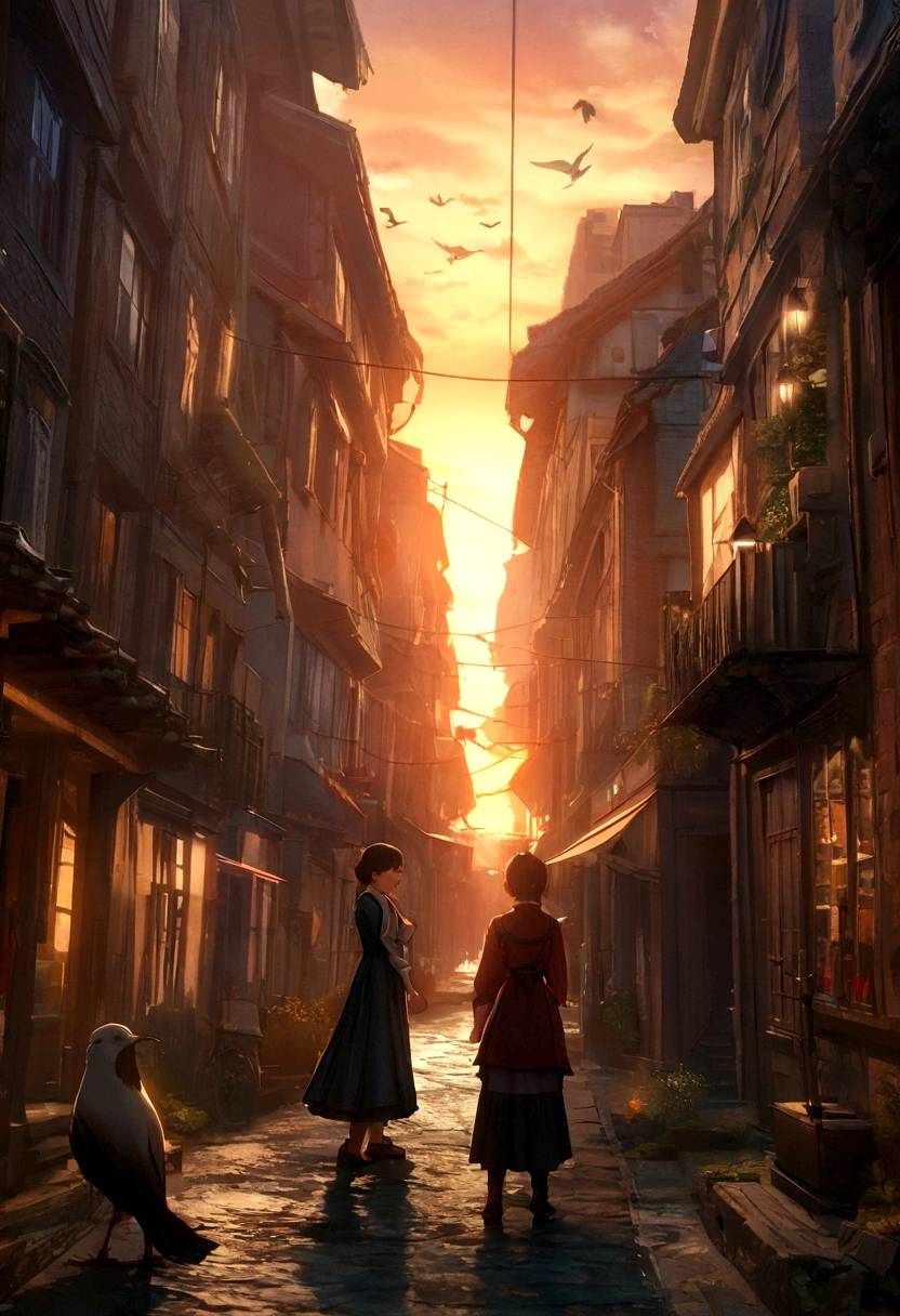 (3D:0.5,Practical:0.5,photoPractical:0.5),(absurd,Super Resolution,masterpiece,best quality,Meticulous attention to detail,absurd:1.2), Dramatic lighting, Dramatic Lighting, Movie, Anime Landscape, Xin Haicheng, Ghibli, A world of dreams, magic, Beautiful sky, cloud, architecture, bike, Aircraft tracks, birds, Dramatic lightinging, Movie lighting, Sunset, warm Sunset, warm sunlight, street, Depth of Field, lens flare,