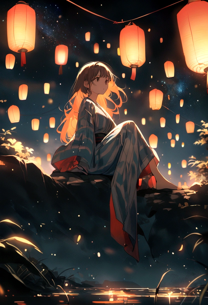 Starry Sky、Lots of lanterns、Floating lanterns、A girl wearing a yukata sitting on a rock
