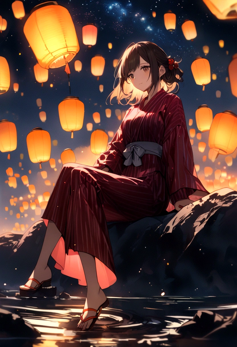 Starry Sky、Lots of lanterns、Floating lanterns、A girl wearing a yukata sitting on a rock