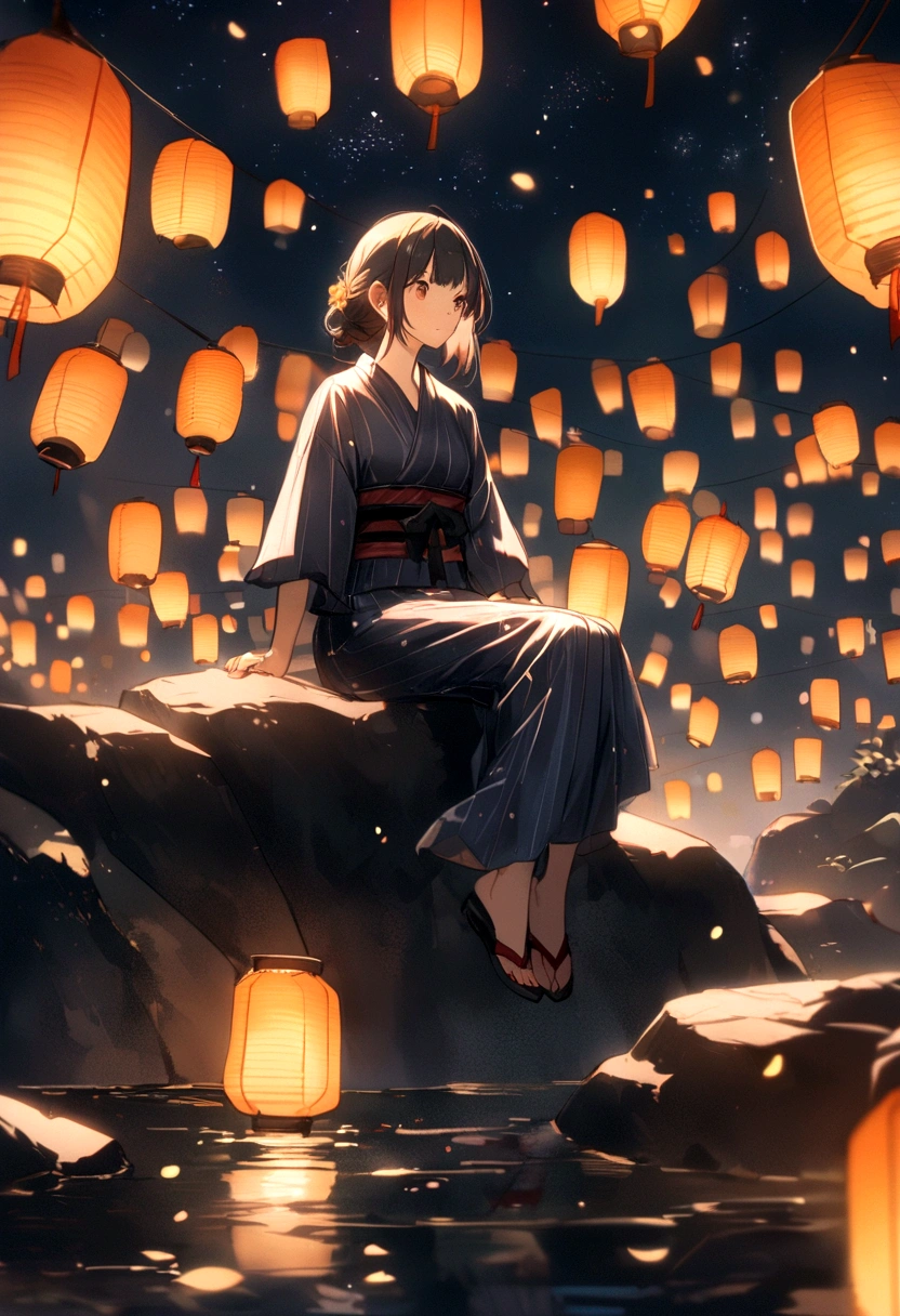 Starry Sky、Lots of lanterns、Floating lanterns、A girl wearing a yukata sitting on a rock