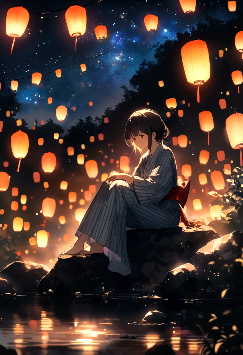 Starry Sky、Lots of lanterns、Floating lanterns、A girl wearing a yukata sitting on a rock
