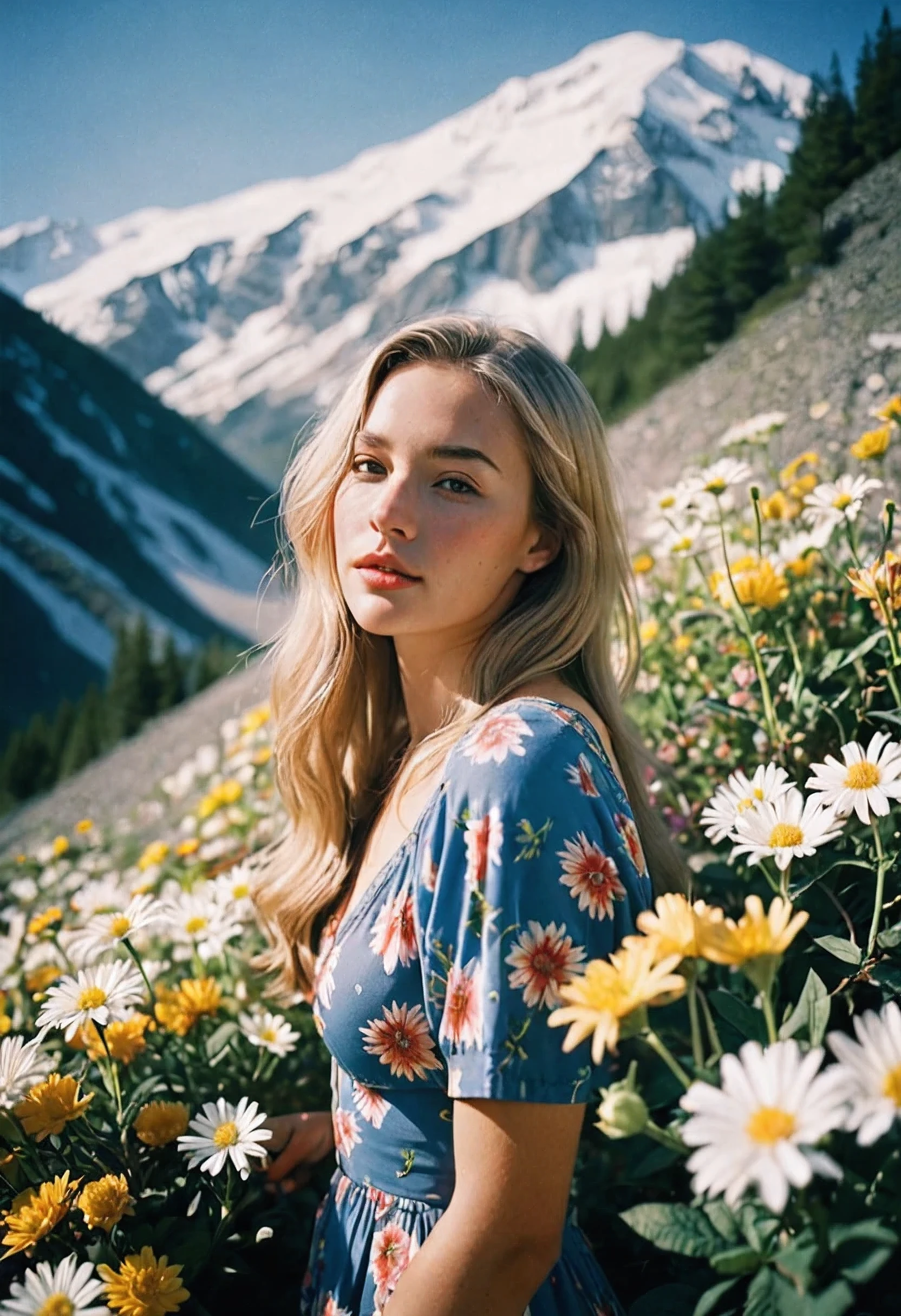 natural light, analog film photo, Kodachrome , Magmix, Fullbody A beautiful woman with light hair, flowers, snow-capped mountains, summer
