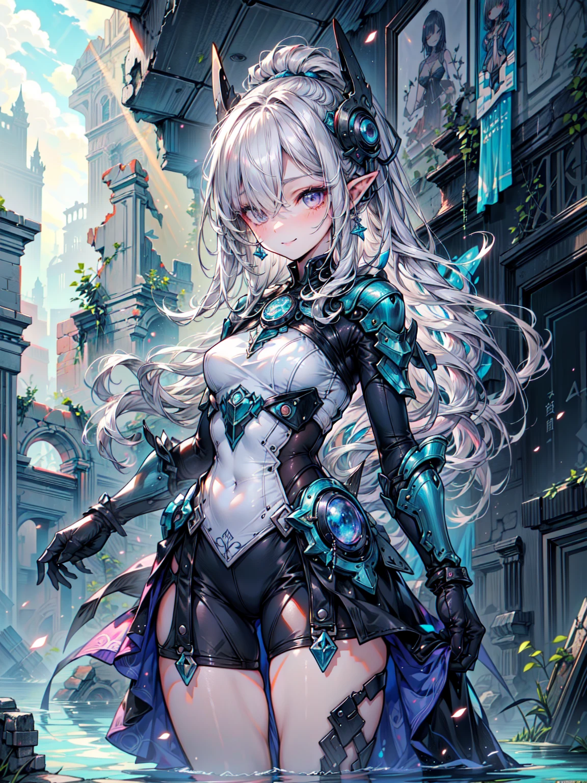 alone,dark blue dragon,In the clear blue sea,There are lots of blue sparks in the background,[(The background color is cyan)::10],(Ruins Background:1.3),super evolution,More powerful,More sophisticated,(grown:1.3),8k,Hyper HD, retina, Anatomically correct, Rough skin, Very detailed, highest quality, High resolution、Cowboy Shot,(popular illustration wallpaper),((Mysterious ruins of Atlantis:1.2)),(Underwater game scene),Very detailedな粒子の詳細,((A ray of sunlight shines from the sky:1.3)+(//Suitable light source:1.6//)),((Forbidden spell written on the wall of the ruins:1.4)),masterpiece,The middle of a journey、Blake、Organic Armor Cyborg、Armor Textures、(Dark Elf), Perfect Face, 優しいsmile、Get used to it, Ahoge, ((Long Hair:1.2)), (Hair above one eye:1.3), [[Messy Hair]], Shiny blonde white hair, Purple eyes, Variegated eyes, Colorful Hair, Shining Eyes, (eyelash, eye shadow, ピンク eye shadow), bright, smile, design art by Mikimoto Haruhiko, by Kawashi, by Yoshitaka Amano, Dark brown skin