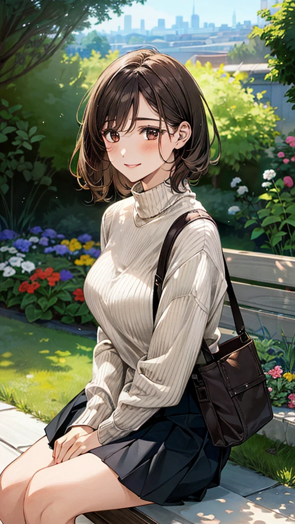 (masterpiece:1.3, highest quality), (Realistic, photoRealistic:1.4), Beautiful illustrations, (Natural Side Lighting, Cinema Lighting),
Looking down, whole body, From below, 1 girl, Japanese, (reception), 20-year-old, Perfect Face, (Perfect Anatomy), Cute and symmetrical face, Shiny skin,
(Very Short Hair, Light brown hair), Hair between the eyes, Dark brown eyes, Hair Clip, Long Eyelashes, (Medium chest, Captivating thighs, Big Ass),
Beautiful Hair, Beautiful Face, Beautiful fine details, Beautiful clavicle, Beautiful body, Beautiful breasts, Beautiful thighs, Beautiful feet, Beautiful fingers,
((Very detailed costume, Turtleneck sweater, Black pleated skirt, tote bag)),
(Beautiful views), Depth of written boundary, Late Afternoon, (garden, distant cityscape, sitting garden bench), Drinking fountain, (Smile),