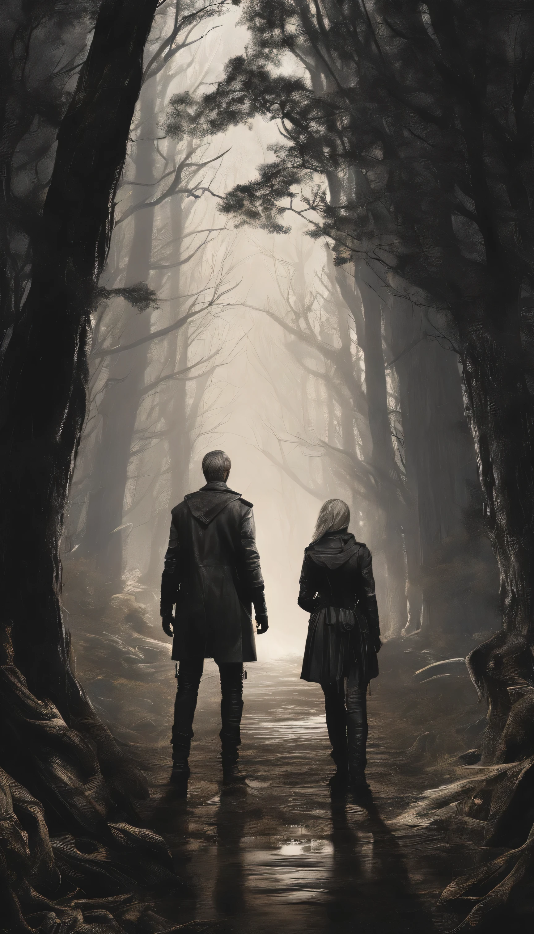 There is a man with short blond hair, He is next to a beautiful woman with dark wavy hair, They are both wearing leather pants and a white leather tunic in dark and golden colors.. The two are walking in a forest with tall, shadowy trees.. Ao redor nevoa e seres de sombras. 8K, wide angle. Bem detalhado. Cores ecsuras e quente a noite.