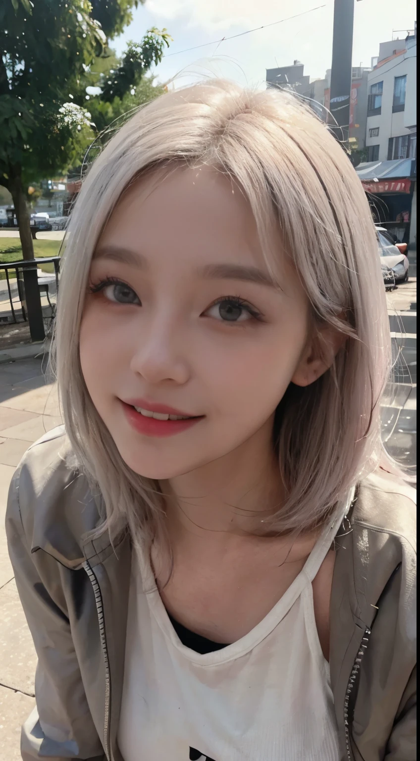 Best image quality、RAW Photos、超A high resolution、21 years old Korean、Small breasts、Dynamic Angle、Cowboy Shot、The most beautiful chaos、elegant、Brutalist Design、Vibrant colors、Beautiful white hair、Short Bob、smile、fun、smile、Glowing White Skin、Beautiful eyes with random colors、Very thin lips、Beautiful eyes in every detail、 Narrow eyes、Cheeks are pale pink、Eyelash length、Beautiful double eyelids、eye shadow、Bright white hair、Black cropped top、Lightweight see-through jacket、transparent、Harem pants、Large park、Cafe、Photographed from diagonally above、Selfie、The wind is blowing、Hair fluttering、Hand gestures