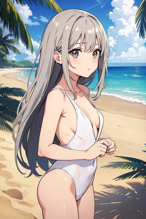 Sandy Beach、Naked girl with swimsuit、Gray Hair、long hair