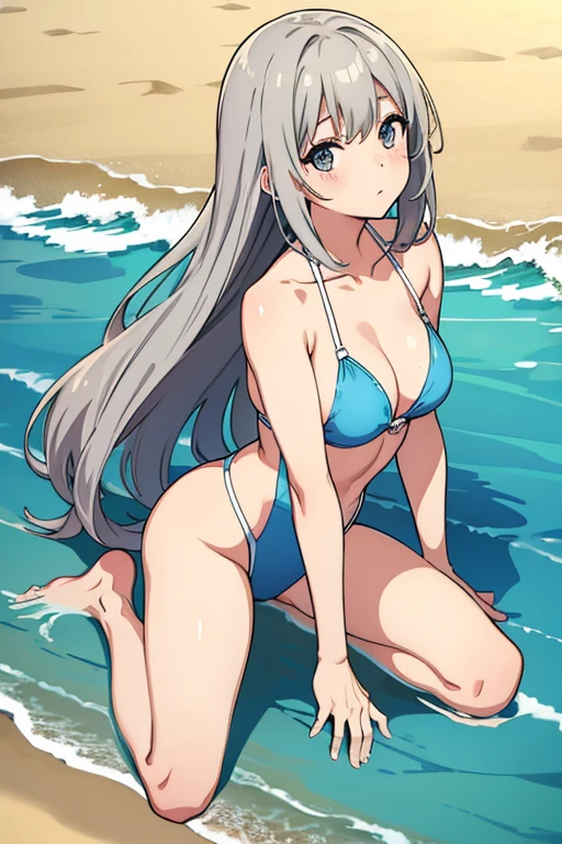 Sandy Beach、Naked girl with swimsuit、Gray Hair、long hair