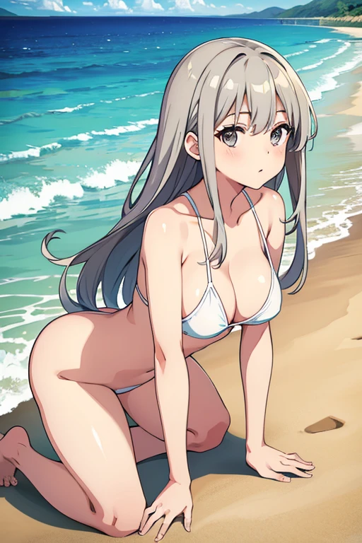 Sandy Beach、Naked girl with swimsuit、Gray Hair、long hair