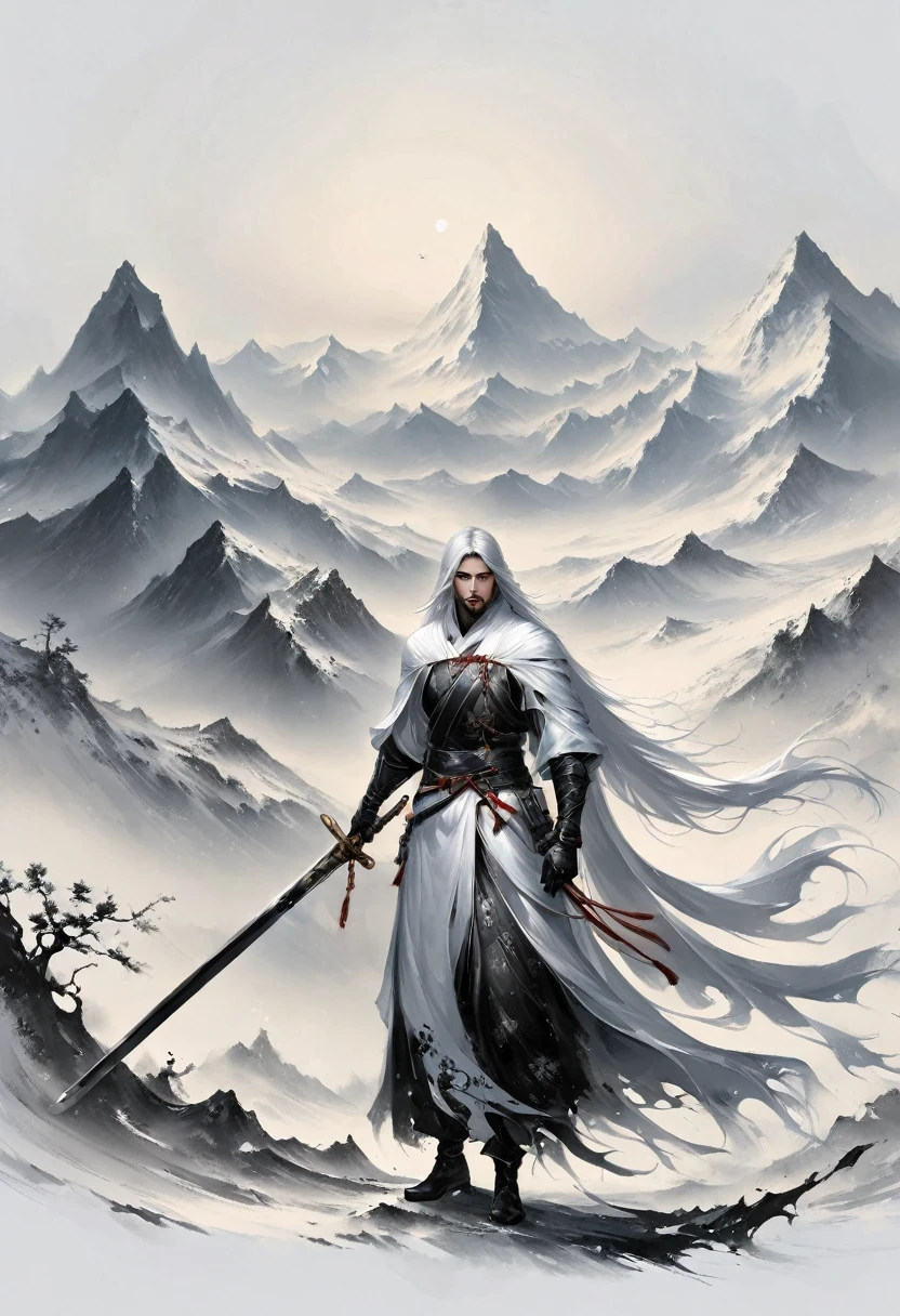 (Lots of white space:1.5),(Lots of white space around:1.6), White background, simple, Minimalism, abstract,Freehand,Aesthetic,black and white,Ink Painting,antiquity,a mountain,A distant swordsmabstract art illustration, author:Li Song, Arte no estilo de guweiz, arte shin jinyoung, Obra-prima de guweiz, Ross chart 1. 0, Beautiful digital illustrations, Inspired by non-WLOP, simpledigital art, jingna zhang, guweiz, Stunning digital illustrations