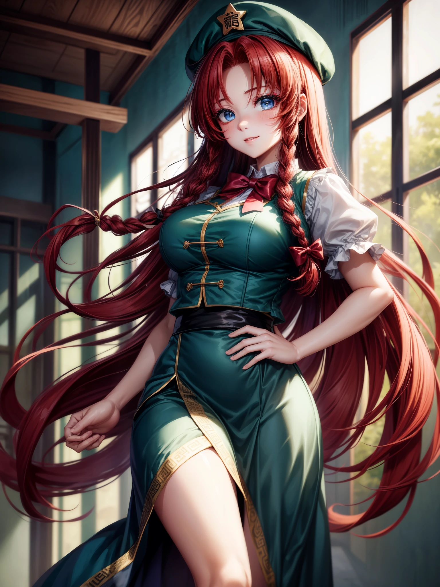 source_anime、One girl、solo、Hong Meiling、Bright redhead、blue eyes、Long Hair、Braid、Messy Hair、beret、makeup、（Red eyeshadow、Black eyeliner：1.2）、eyelash、lips、Large Breasts、Curvaceous、Toned body、（Wide Hips：0.9）、White skin、Ruffled Chinese dress、A bow tie、Green vest、Ruffled dress shirt、Puff sleeves、Short sleeve、Long skirt、Side slits、whip、Half an eye、（Constricted pupils：0.8）、smile、Staring at the audience、（From below：1.2）、indoor、prison、