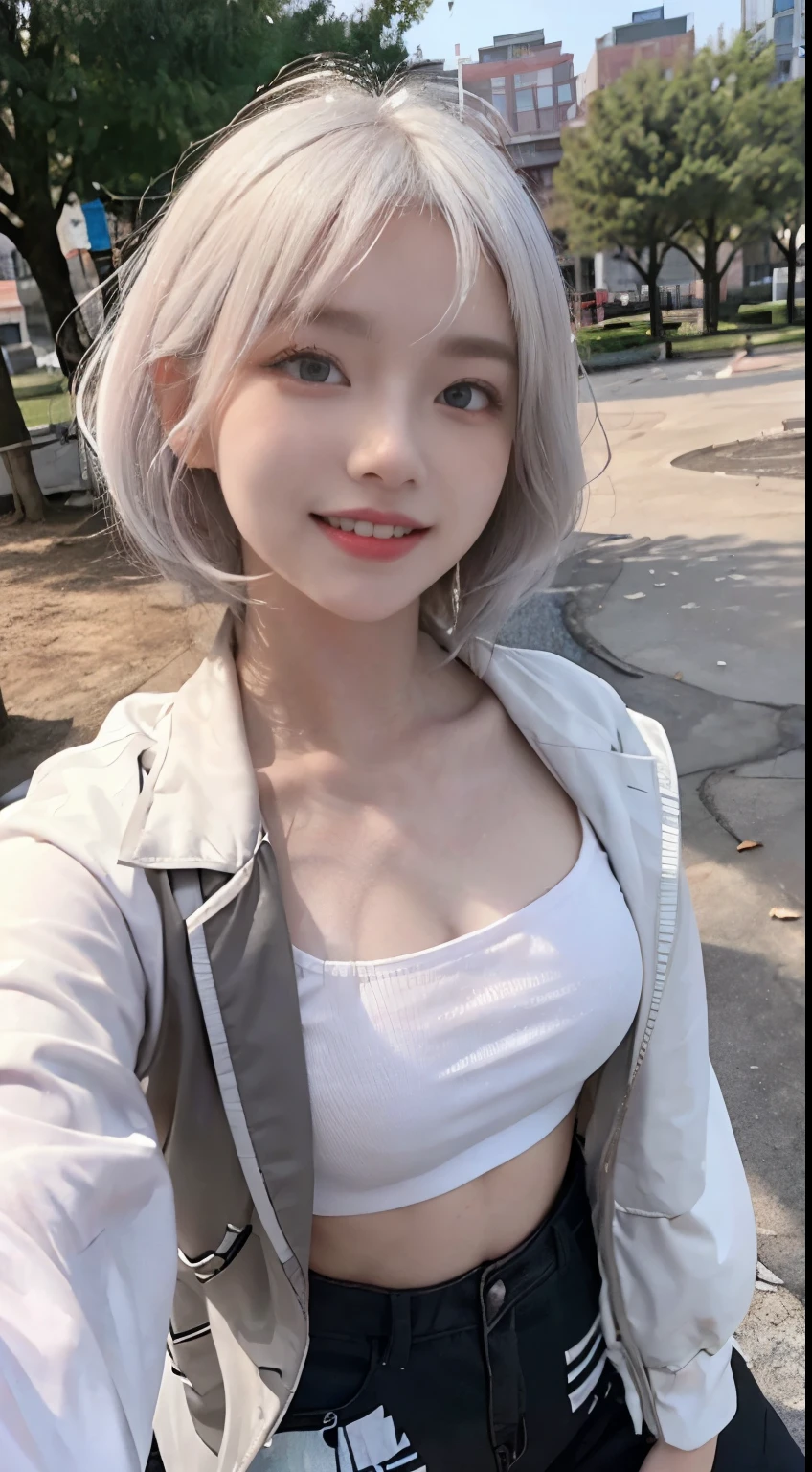 Best image quality、RAW Photos、超A high resolution、21 years old Korean、Small 、Dynamic Angle、Cowboy Shot、The most beautiful chaos、elegant、Brutalist Design、Vibrant colors、Beautiful white hair、Short Bob、smile、fun、smile、Glowing White Skin、Beautiful eyes with random colors、Very thin lips、Beautiful eyes in every detail、 Narrow eyes、Cheeks are pale pink、Eyelash length、Beautiful double eyelids、eye shadow、Bright white hair、Black cropped top、Lightweight see-through jacket、transparent、Harem pants、Large park、Cafe、Photographed from diagonally above、Selfie、The wind is blowing、Hair fluttering、Hand gestures
