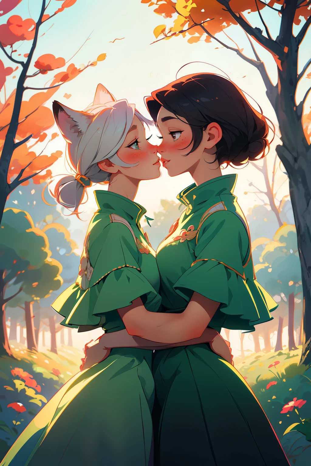 Masterpiece, best quality) Anthropomorphic illustration, sweet and touching scene, two lesbian fox girls sharing a heartfelt kiss, set against the backdrop of a serene forest, soft glow of the setting sun illuminating their charming features. SFW, wholesome, and beautifully rendered with intricate details, this piece captures the essence of love and acceptance, showcasing the diversity and inclusivity of the anthropomorphic world. SFW, vibrant and detailed with expressive eyes and a touch of blush on their cheeks, this adorable scene is certain to take your breath away.