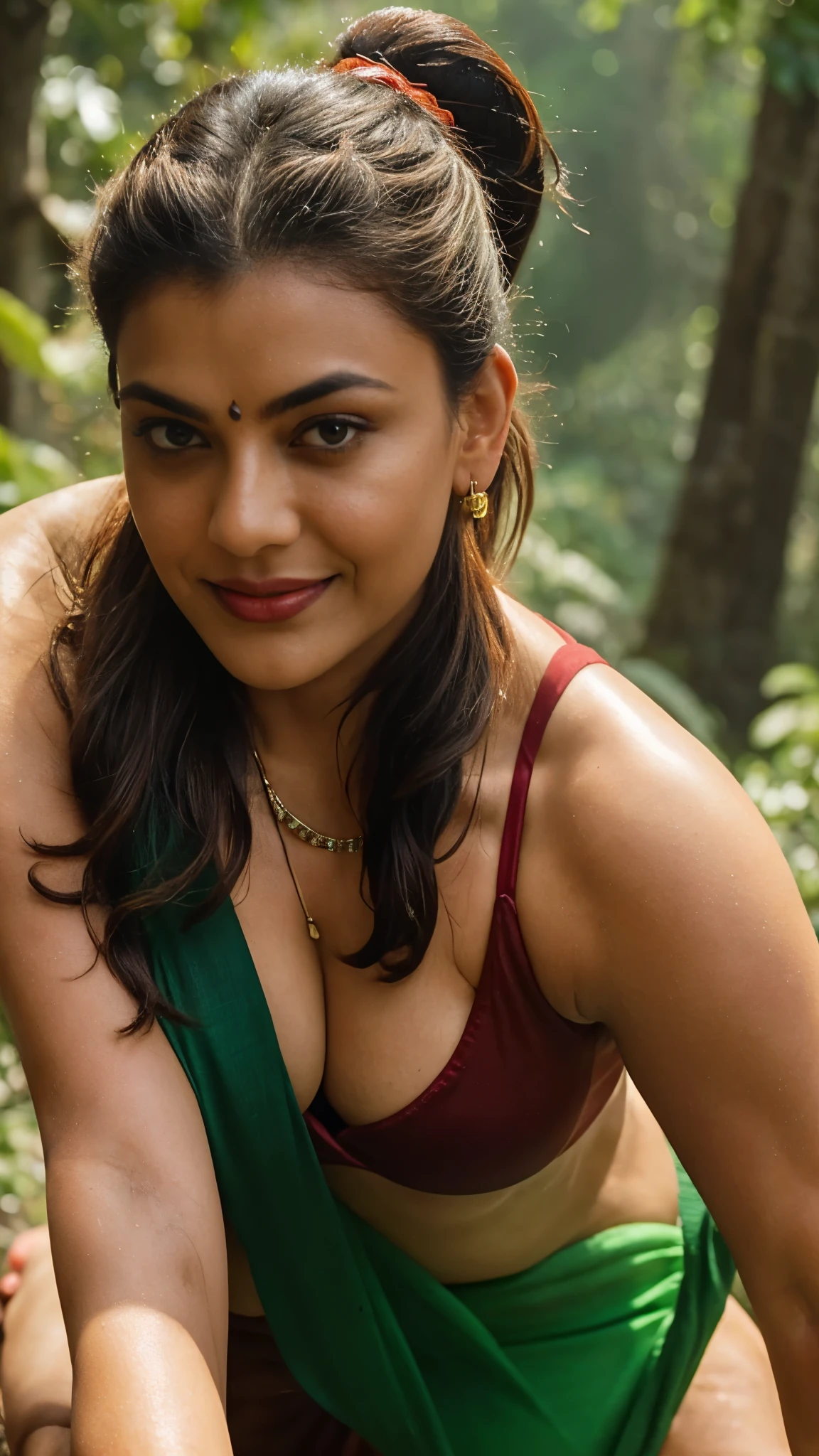 from bottom view, extreme close up photo of sexy indian, curvy athletic figure, open arms, sexy armpits, sweating, doing push ups in forest, ponytail, necklace, green red bra and saree, glossy lips, look at viewer and subtle smile, (cinematic:1.3), intricate details, (ArtStation:1.2)