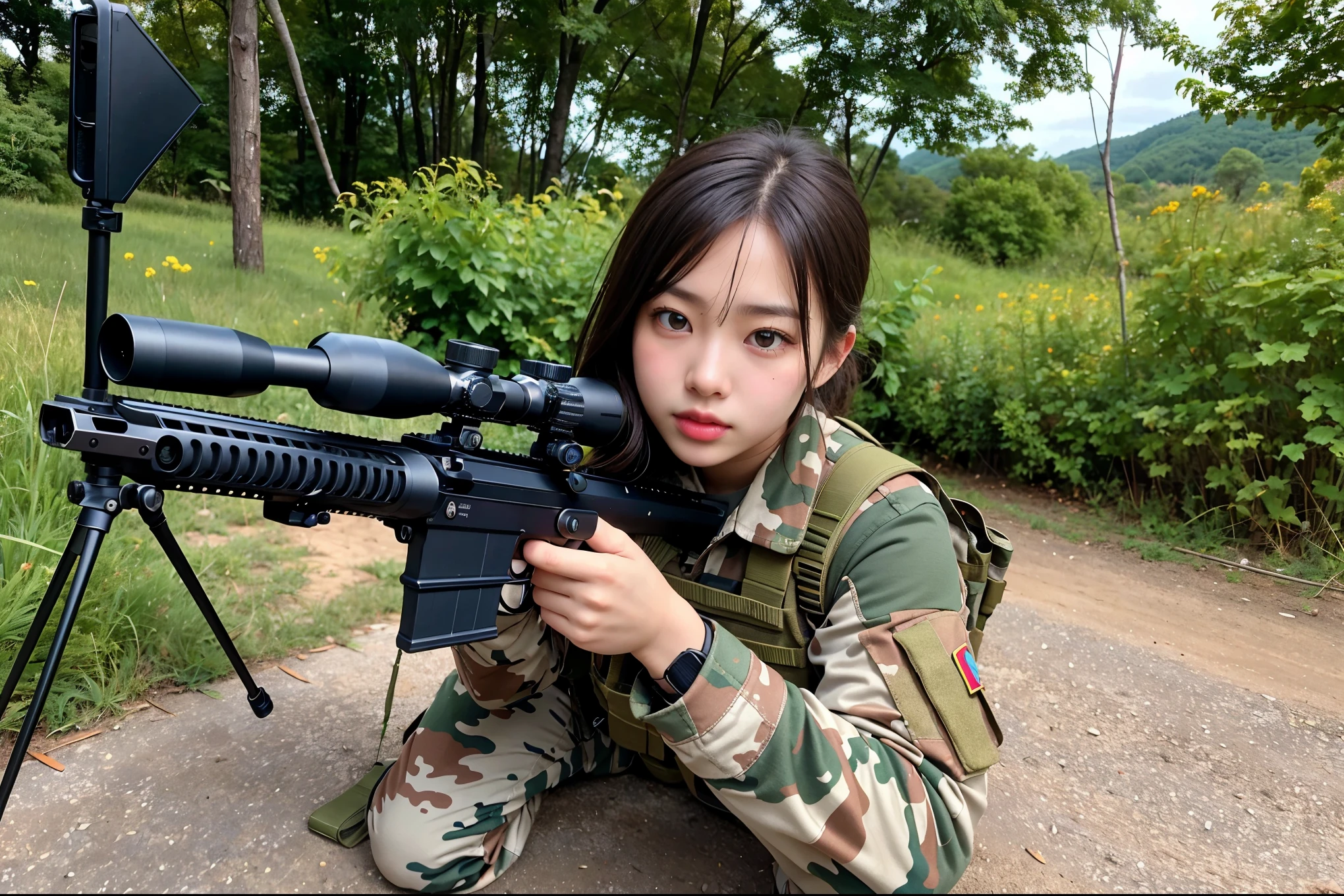 High quality, high resolution, realistic (full body shot) photo. Focus on one soldier, young woman, wearing summer camo military uniform, camo plate carrier rig, combat gloves, (magazine pouch), (knee pads), highly detailed, perfect face, detailed face, tactical, kneeling, ((aiming, holding sniper rifle, ready to fire)), (one sniper rifle), correctly handled and aimed, Canon RF 85mm f/1.2L, eye level angle.