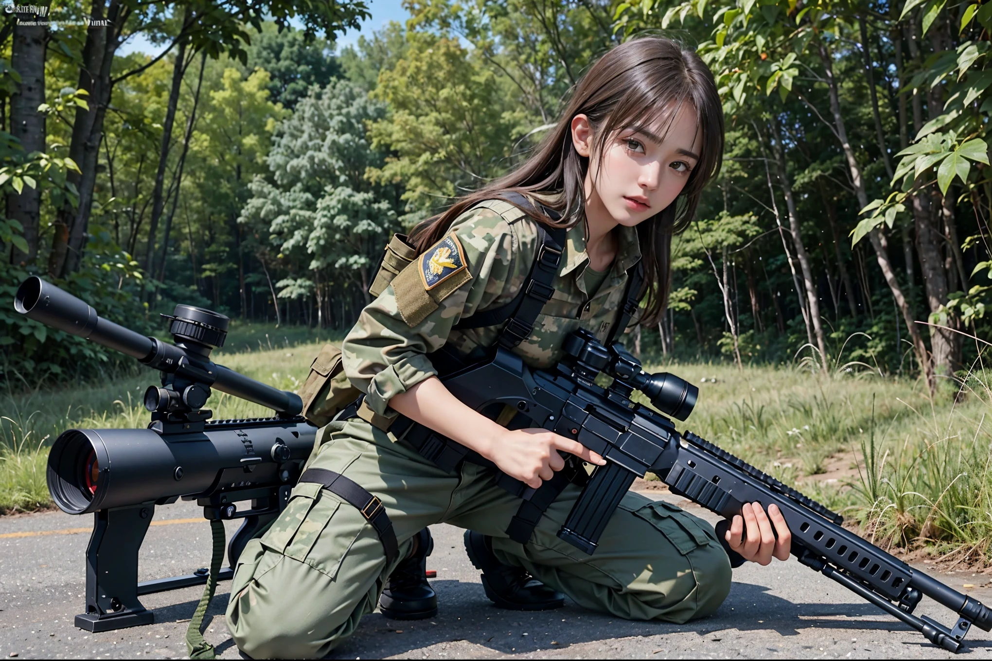 High quality, high resolution, realistic (full body shot) photo. Focus on one soldier, young woman, wearing summer camo military uniform, camo plate carrier rig, combat gloves, (magazine pouch), (knee pads), highly detailed, perfect face, detailed face, tactical, kneeling, ((aiming, holding sniper rifle, ready to fire)), (one sniper rifle), correctly handled and aimed, Canon RF 85mm f/1.2L, eye level angle.