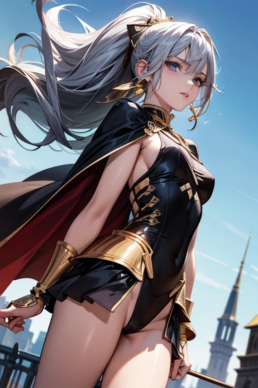 #Basics A girl is posing for a photo, animeのかわいい女の子, (((One Girl, Baby Face, ))), 
BREAK 

#Clothing Accessories 
((Gold on black)A long one-piece armor with a flame motif.:1.4 : (Gold on black)Gauntlet of:1.4 + (Gold on black)Breastplate:1.4 + (Gold on black)Chest armor:1.4  + (Gold on black)Shoulder rest:1.4 + Black cape + Silver headdress + Holding a big spear:1.4), 
((Golden hoop earrings)), 
BREAK 

#Features 
(Silver Hair:1.4, Chest-length sideburns, ponytail : Hair blowing in the wind + Very long hair + Curly hair + Messy Hair), 
(Droopy eyes,blue eyes), (Small breasts), 
BREAK 

#expression 
(smile), 
#background environment 
((noon:1.4 + Grassland with horizon view:1.4 + blue sky + Sunshine)), 
#composition 
(Face the viewer:1.4, from below:1.4, (Dynamic Pose:1.4 + Are standing:1.4), Cowboy Shot:1.4), 
BREAK 

#Body parts elements 
(Beautiful Hair,Shiny Hair), 
(double eyelid, Long eyelashes), 
(Expression of fine eyes, Beautiful and delicate eyes, Sparkling eyes, Eye Reflexes), 
(Human Ear), 
(Beautiful Nose, Thin Nose), 
(Glossy lips, Beautiful Lips, Thick lips), (Symmetrical facial features), 
(Detailed skin, Textured skin, Beautiful Skin), 
BREAK 

#Quality 
(((highest quality)), ((masterpiece)), ((Very detailed))), ((High resolution), (16k,1080p)), 
(Realistic), (Anatomically correct), 
((comics, anime)), (3DCG), CG illustration,
