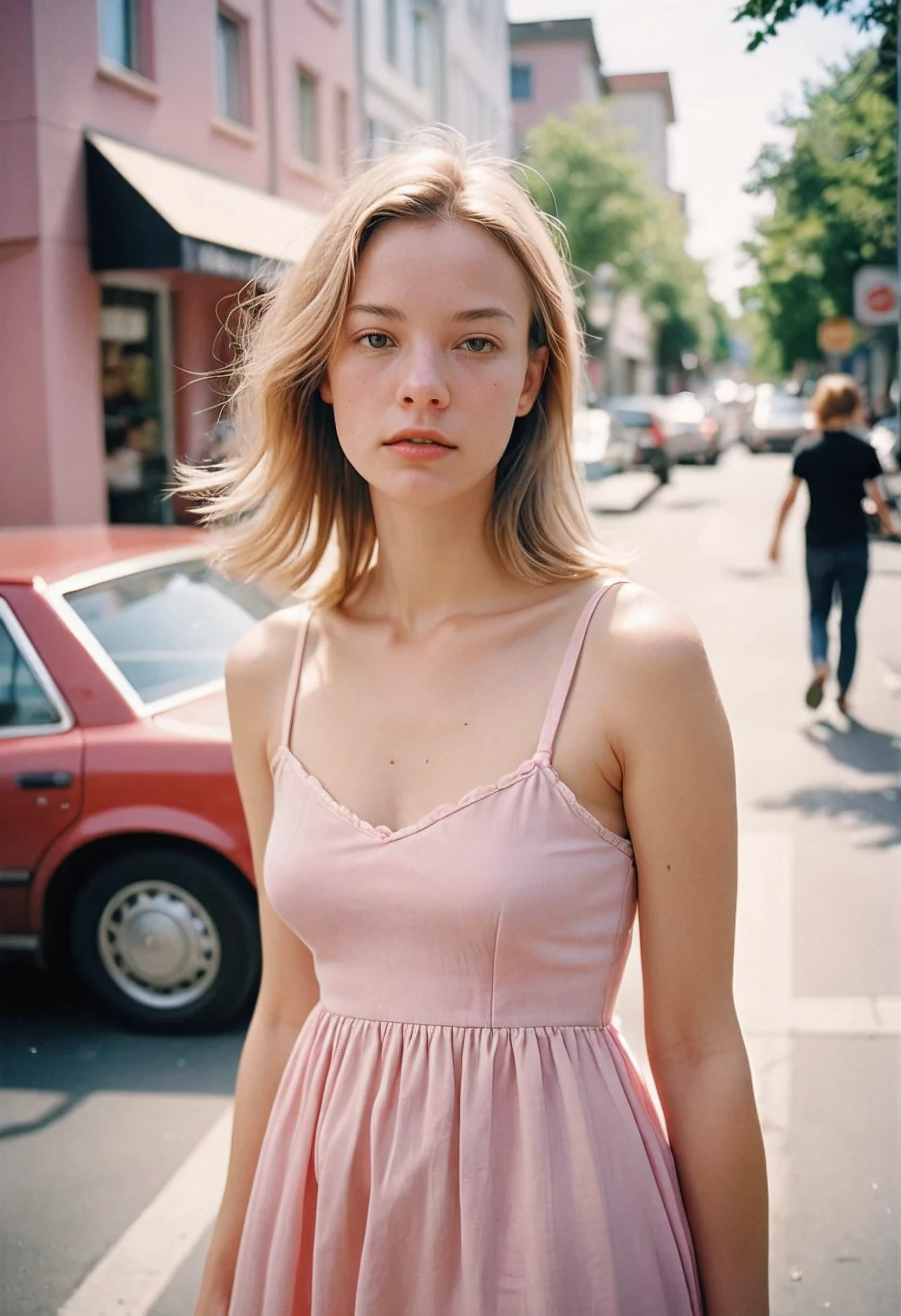 natural light, analog film photo, Kodachrome , Magmix, Fullbody Elegant Minimalistic Photography, 1990s, beautiful Finnish wearing a pink babydoll dress, busy LA street on a summer day, Natural Lighting, chaos, minimalist, close-up portrait photo, shot on Portra 400.
