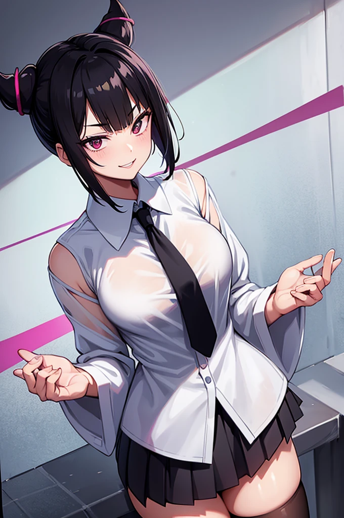 juri han, work of art, tight white secretary shirt with black tie, black high waist skirt, short skirt, short hair, black hair, black tights evil smile,oculos