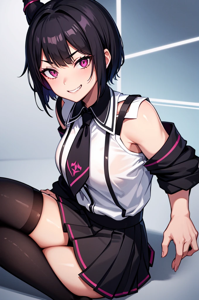 juri han, work of art, tight white secretary shirt with black tie, black high waist skirt, short skirt, short hair, black hair, black tights evil smile,oculos