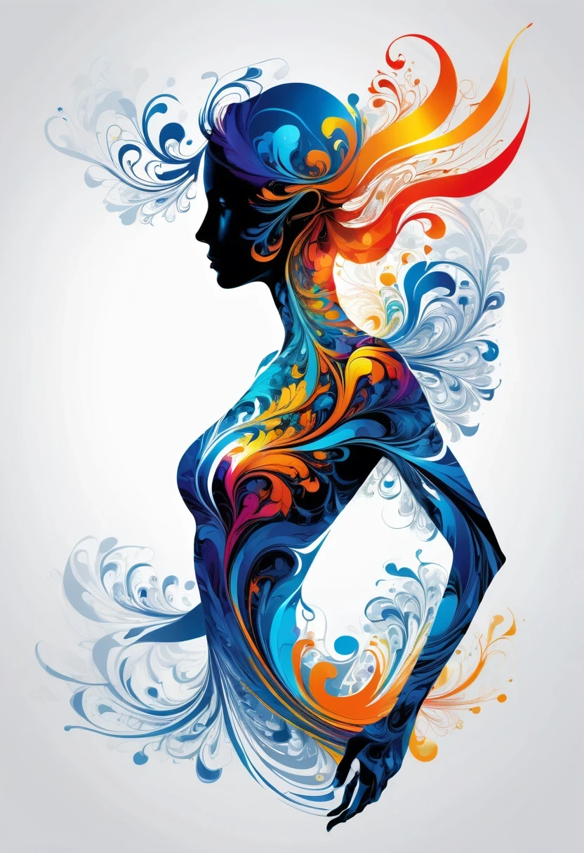 Thin, Fine fractal,smooth,vivid,Color ink,sketch,Shiny silhouette,Female silhouette with perfect physique