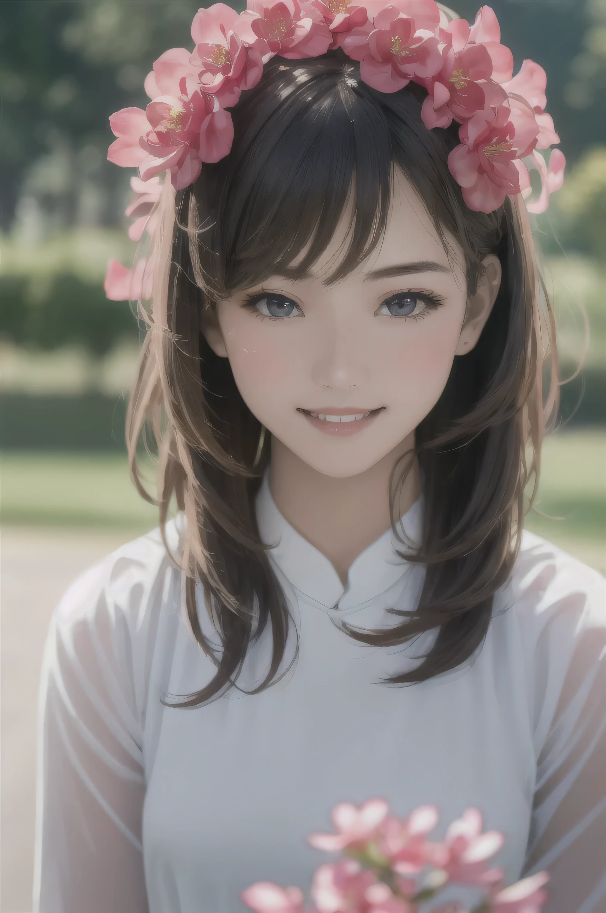 1girl, aodai yellow dress, photo art, (flower:1.2),a stunning photo with beautiful saturation, ultra high res,(realistic:1.4)),deep shadow,(best quality, masterpiece), pale skin, dimly lit, shade, flustered, blush, highly detailed, skinny, BREAK depth of field, film grain, wrinkled skin, looking at viewer, knee, warm smile, (upper body:1.2), masterpiece,ultra realistic,32k,extremely detailed CG unity 8k wallpaper, best quality
