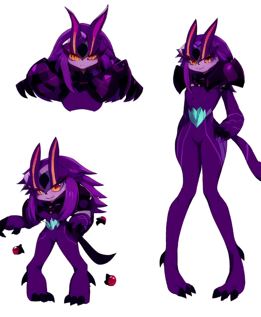 a close up of a cartoon character with a purple outfit, glamorous angewoman digimon, weirdcore voidpunk fursona, official character art, full body concept, villain pose, demon noble character design, female fursona, humanoid form, full body adoptable, character adoptable, dark witch character, long haired humanoid fursona, full body character concept