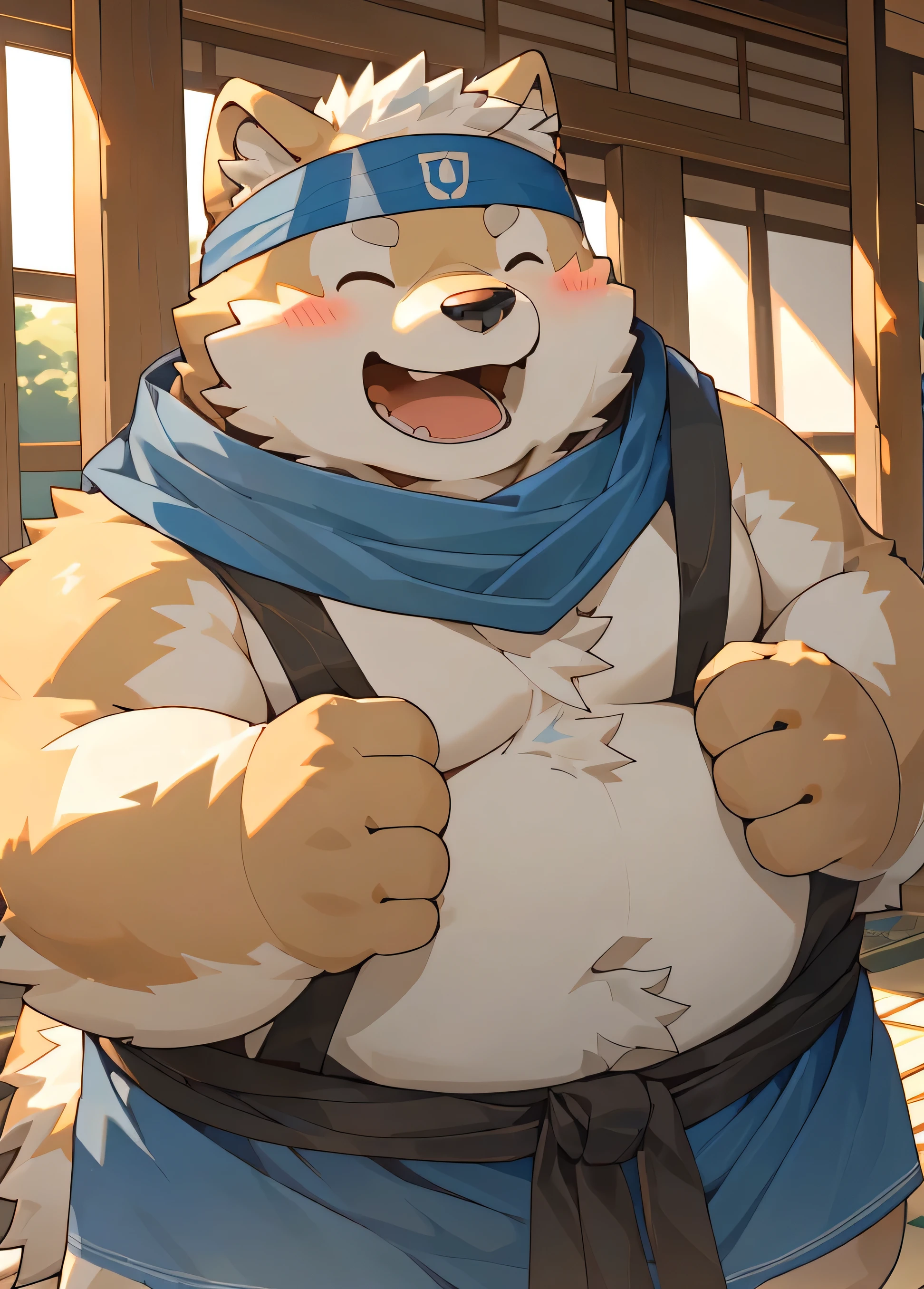 (masterpiece),(Very detailed),(best quality),hairy,Shiba Inu,fur,white hair,Gray pupil,Chubby,(Shota),(Japan samurai attire),((blue scarf)),((Brown headband)),(blush:1.1),((Close your eyes)),a happy expression,Temple Background,8K,(high quality),(Ultra high quality),(Super detailed),(Best Works)