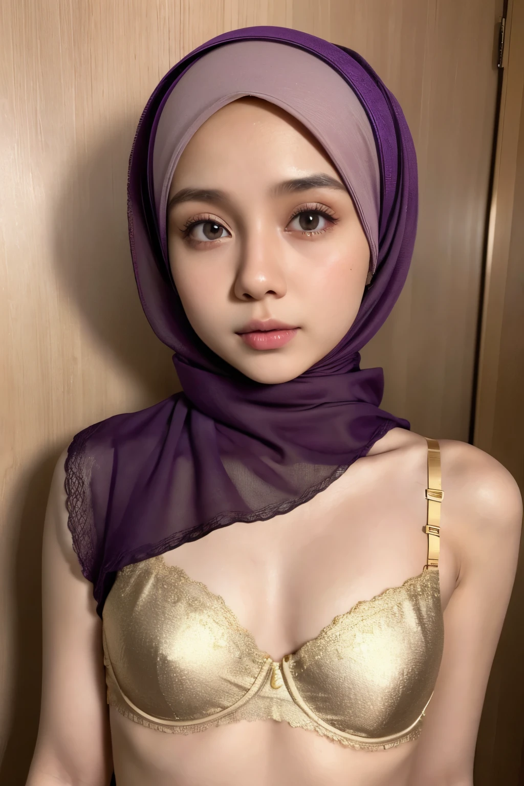 Very Thin body (Wearing Bra Lingerie), (((HIJAB MALAY GIRL))), masutepiece, High quality, UHD 32K, Realistic face, Realistic skin feeling , A Malay Lady, 8 years old, , Very cute and baby-like face, (((FLAT CHEST))), (MATRIX WORLD), ((look In front  at the camera and SADNESS)), ((())), (((CUTE GIRL))), ((BROWN LIPS)), ((BROWN)), (undress). WEAR BRA LINGERIE, gold, purple, lace