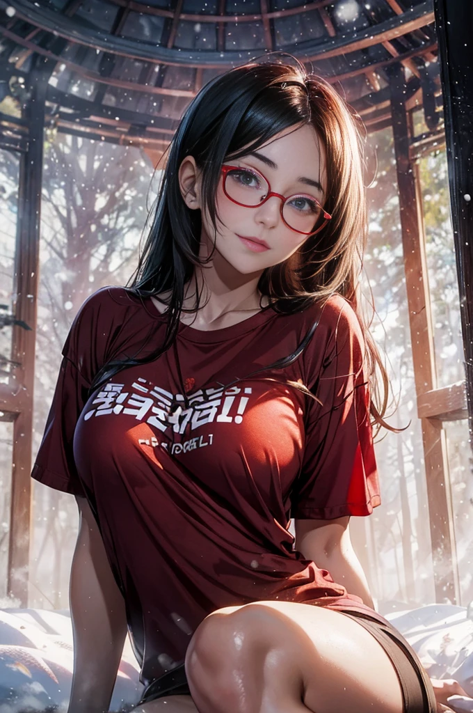 Photorealistic, (upperbody:1.3, exposed face), low angle, (seen from below), in frame, a japanese young woman, ((bigsize red t-shirt:1.2), bottomless:1.3), a hyperrealistic beautiful young girls with (mesmerizing eyes in glasses:1.2), natural droopy breast, high detailed official artwork, beautiful girls with slim fit body and busty posture, long legs, attractive young woman, (sitting with atractive poses:1.3, spread legs, hug the breast up), at wood trunk in the (natural foggy forest:1.2), surrounded by (snow:1.25), natural background, realistic portrait, smooth photorealistic, perfect visual of a cute girls, cute girls with round soft face, face focus, exquisite details, captivating beauty, confidence, elegance and charm, all eyes on her, desirable, irresistible temptation, sultry mood, enticing allure, sizzling sensuality, enticing curves, feminine grace, teasingly erotic, captivating slim body, naughty innocence, forbidden desire, unrestrained passion, creamy complexion, inviting gaze, bewitching smile, curvaceous silhouette, playful imagination, intimate moment, photon mapping, natural light, warm color tones, vivid colors, cool ambient, foggy atmosphere