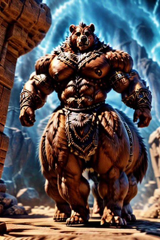 armoredfur_taur, armoredfur, bear taur, quadruped, digitigrade, intricate armor, detailed fur textures, hyper-realistic, 8k, 3d render, cinematic lighting, dramatic shadows, epic fantasy, ethereal atmosphere, volumetric lighting, depth of field, photorealistic