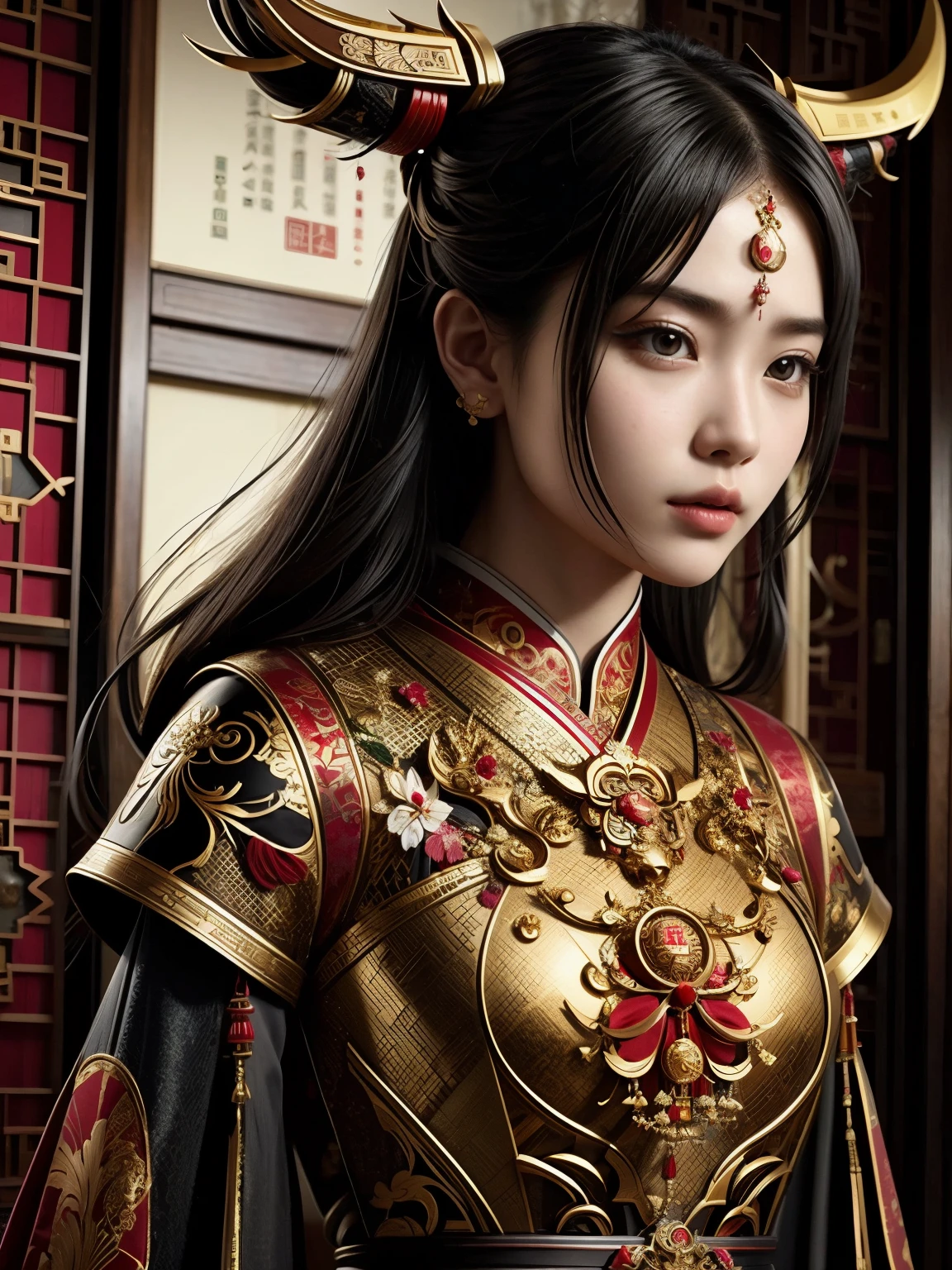 (high quality), (masterpiece), (detailed), 8K, Hyper-realistic illustration depicts (Japanese girl1.3) adorned in intricately designed (Chinese zodiac ox attire1.2), showcasing vibrant (red and gold hues1.2). Her (porcelain-like skin1.2) glows with subtle (soft focus1.2) effect, while (luscious black hair1.2) cascades down her back. In style of Ayami Kojima, trending on Artstation.
