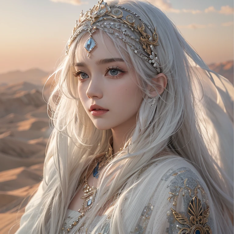 (highest quality、masterpiece、8k、Best image quality、Ultra-high resolution、Award-winning works)、A beautiful white-haired woman watches over us from afar in the desert..., Where the moonlight shines.、Ancient Islamic clothing、Beautiful face drawn in every detail