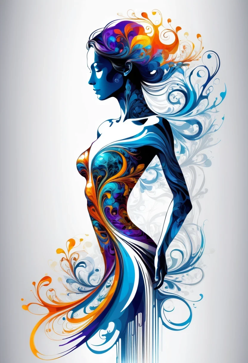 Thin, Fine fractal,smooth,vivid,Color ink,sketch,Shiny silhouette,Female silhouette with perfect physique