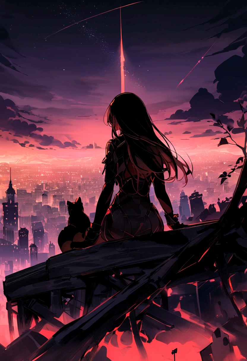 （red tint、pink），Octane, null, performer(null), landscape, 星null, night,（ One Girl,一匹のCat、I&#39;ll be there for you：1.5），（I&#39;ll be there for you：1.3），Cat，nightnull, solo, Outdoor, built, cloud, shooting star，Sit on, wood, Hair length, city, silhouette, 都city景観，From behind　8k