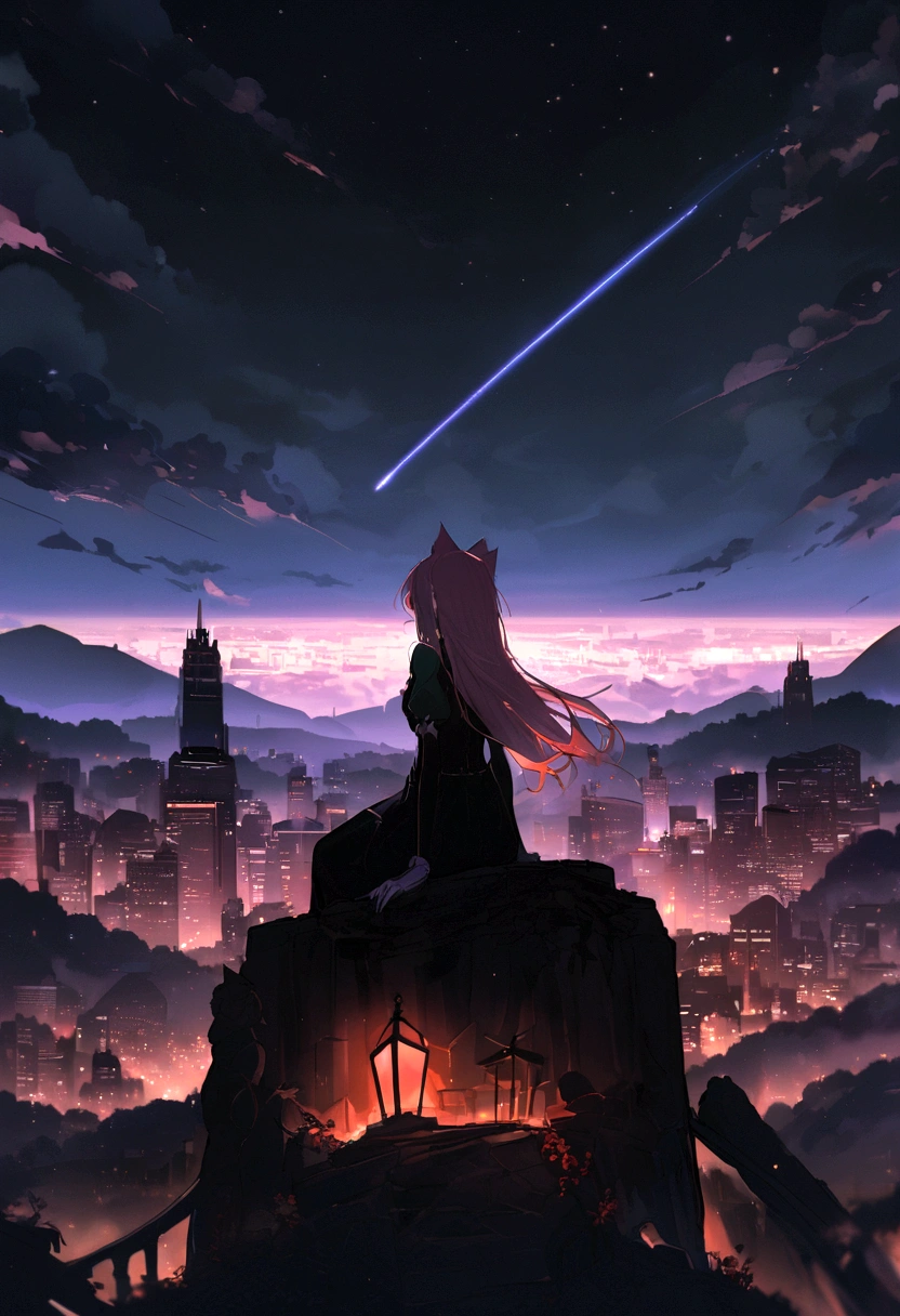 (red tint、pink),Octane, null, performer(null), landscape, 星null, night,( One Girl,一匹のCat、I'll be there for you:1.5),(I'll be there for you:1.3),Cat,nightnull, solo, Outdoor, built, cloud, shooting star,Sit on, wood, Hair length, city, silhouette, 都city景観,From behind 8k
