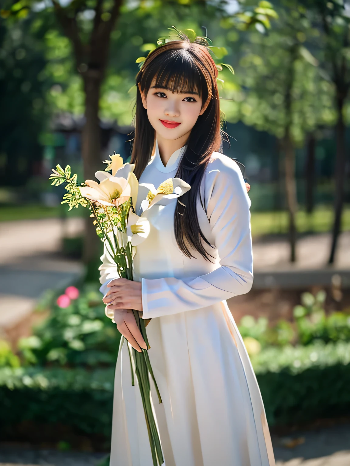 1girl, aodai yellow dress, photo art, (flower:1.2),a stunning photo with beautiful saturation, ultra high res,(realistic:1.4)),deep shadow,(best quality, masterpiece), pale skin, dimly lit, shade, flustered, blush, highly detailed, skinny, BREAK depth of field, film grain, wrinkled skin, looking at viewer, knee, warm smile, (upper body:1.2), masterpiece,ultra realistic,32k,extremely detailed CG unity 8k wallpaper, best quality