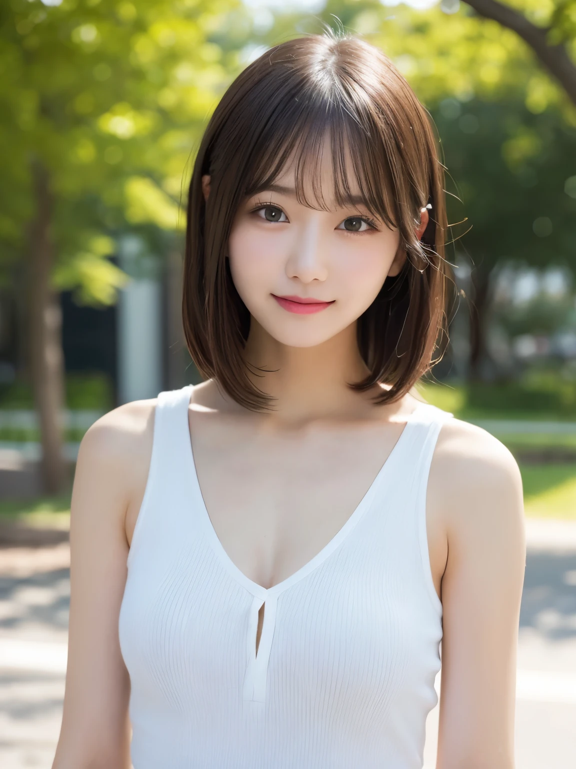masutepiece, Best Quality, Illustration, Ultra-detailed, finely detail, hight resolution, 8K Wallpaper, Perfect dynamic composition, Beautiful detailed eyes, doress, short Hair, mid-chest, Natural Color Lip, Random and sexy poses,Smile, Blurred park background、20 years girl、Colossal 、Too much exposure、tank top(white)、Exposing the chest、Slid、I keep my hair tied up