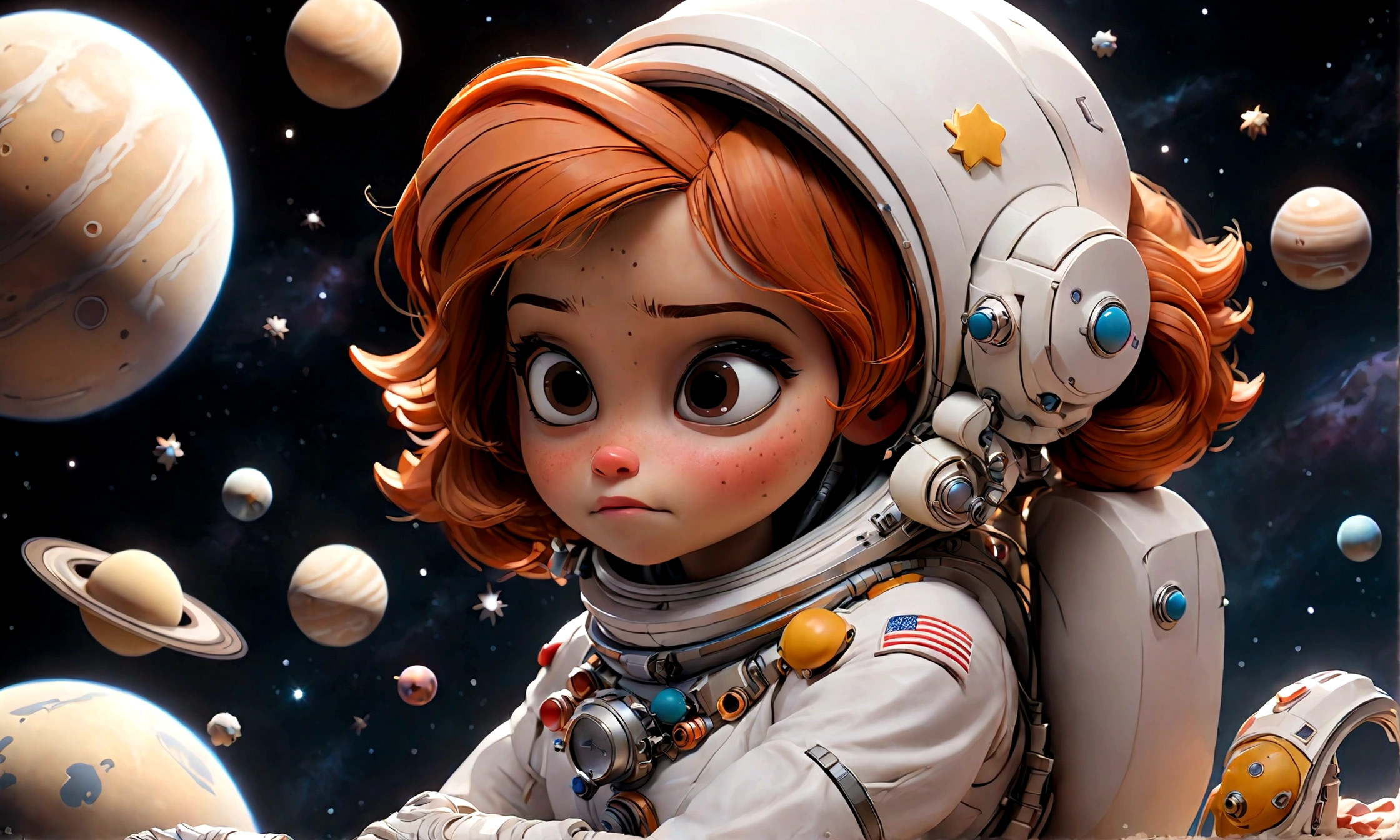 A young female astronaut in a space suit, floating in space with a background of distant stars and planets.