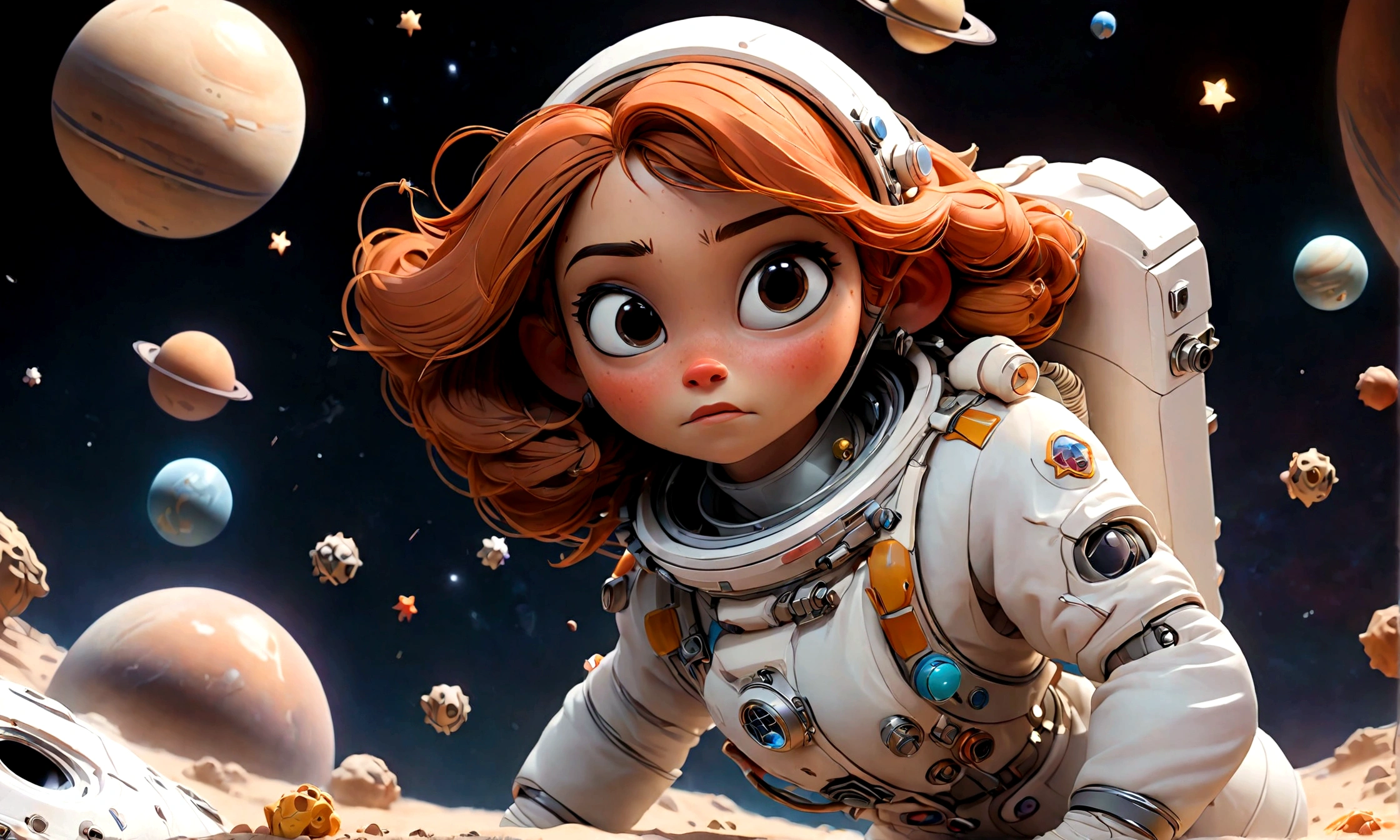 A young female astronaut in a space suit, floating in space with a background of distant stars and planets.