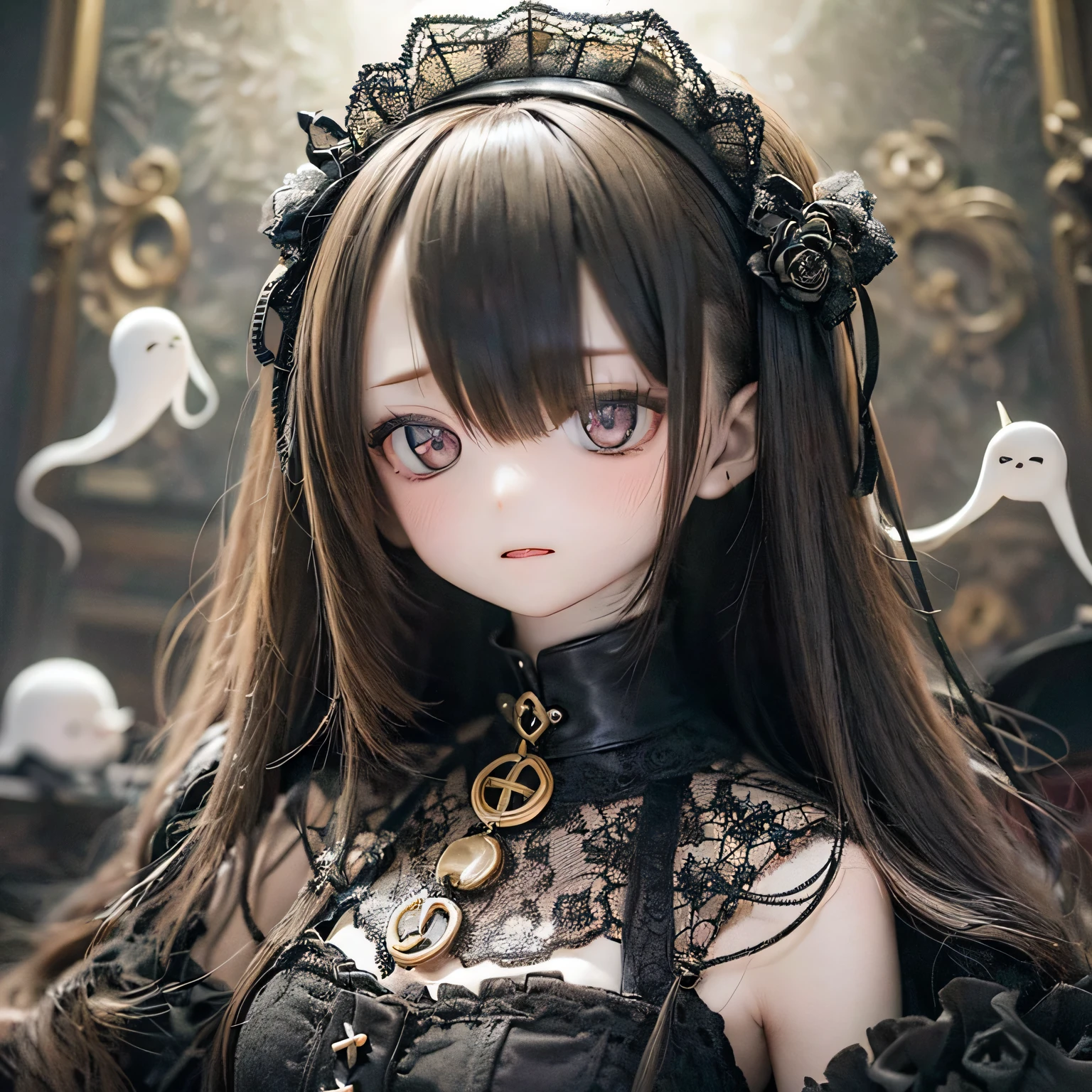 (highest quality,4K,8k,High resolution,masterpiece:1.2),beautiful detailed eye,length eyelashes,Beautiful lip detail,extremely detailed eye and face,(Vibrant colors,colorful,Contrast enhancement:1.1),dark atmosphere,spooky ambiance,Gothic style,Satanic in front,Devilish charm,(Fine art,shape:1.1),Digital Painting,dark fantasy theme,dramatic lighting,Ghost-likely beautiful,Detailed texture, (Horror, dark, Bad luckな) girl, (Gothic, Victorian) fashion, (Mysterious, Charming) vision, (pale, porcelain) skin, (length, Flowing) Black Hair, (elegant, Complex) Lace dress, (Bad luck, spooky) Shadow, (spooky, Otherworldly) background, (Illuminated by the moonlight, Ghosts appear) garden, (Bad luckな, charmed〜Three Witch Sisters) forest, (elegant, Charming) Temporarily stop, (dark, Mysterious) aura, (Mysterious, Supernatural) Powers, (Forbidden, Mysterious) mode, (charmed〜Three Witch Sisters, cursed) relic, (Twisted, bent) reality, (Charming, Ghost-like) smile, (cold, bone-cold) silence, (elegant, Gothic) architecture, (Bad luckな, hypnotism) eye, (intense, dark) emotion, (Powerful, order) in front, (Bad luck, Bad luckな) atmosphere, (Spooky, Spooky) detailed, (Charming, charm) performance, (Satanic, Ghost-likely beautiful) shape, (elegant, spooky) composition, (Surreal, dream-like) scenery, (strict, Bad luckな) cloud, (magic, Mysterious) element, (charmed〜Three Witch Sisters, Ghost-like) aura, (Shadow, Mysterious) shapes, (Ghosts appear, Abandoned) Apartment, (Bad luckな, malicious) Shape, (Supernatural, Otherworldly) energy, (Ghost-like, cold) whisper, (elegant, dramatic) Temporarily stops, (Mysterious, Mysterious) beauty, (Devilish, Charming) eye, (intense, Powerful) vision.Open your arms、(((Ghost)))