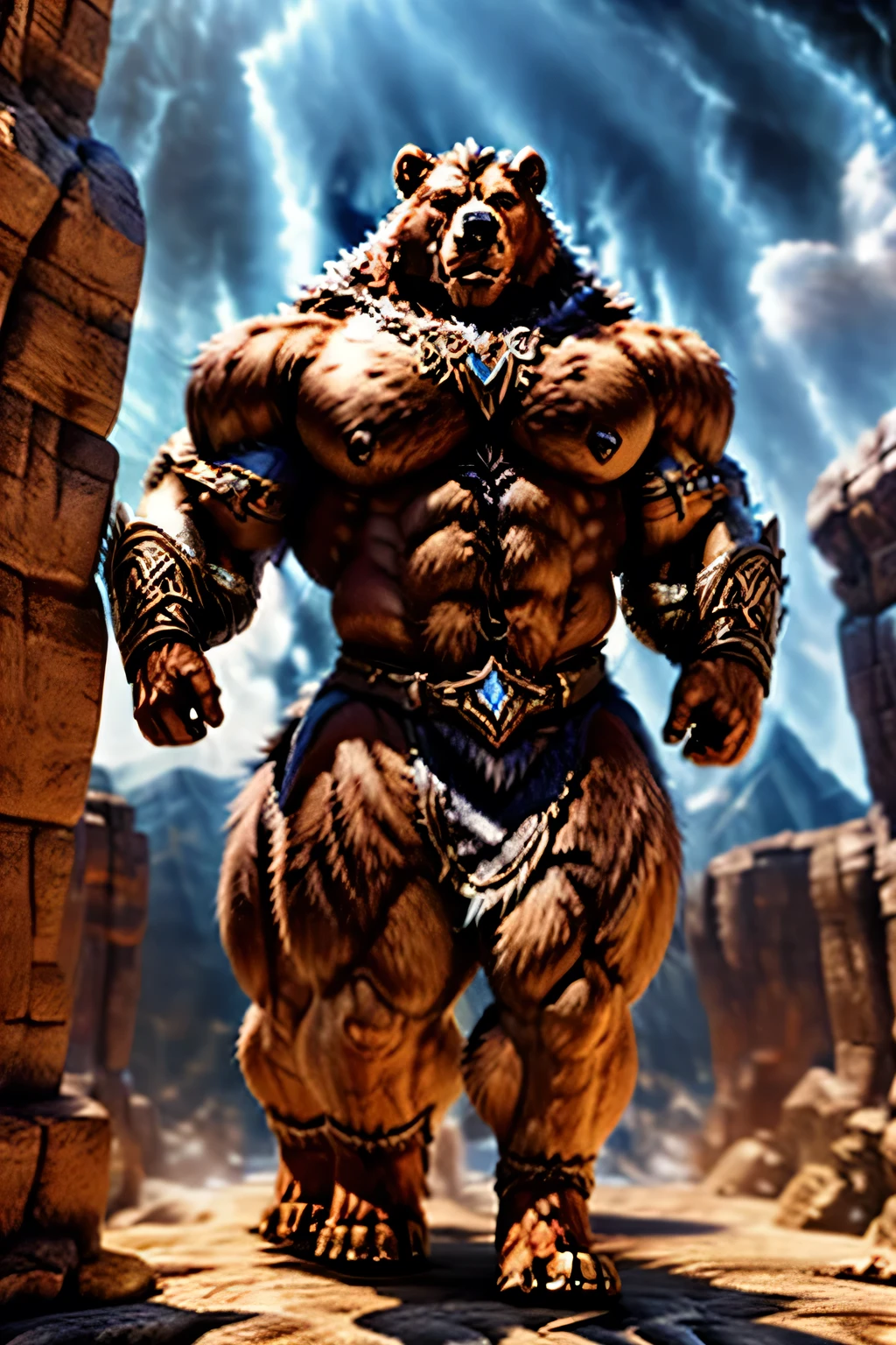 armoredfur_taur, armoredfur, bear taur, quadruped, digitigrade, intricate armor, detailed fur textures, hyper-realistic, 8k, 3d render, cinematic lighting, dramatic shadows, epic fantasy, ethereal atmosphere, volumetric lighting, depth of field, photorealistic