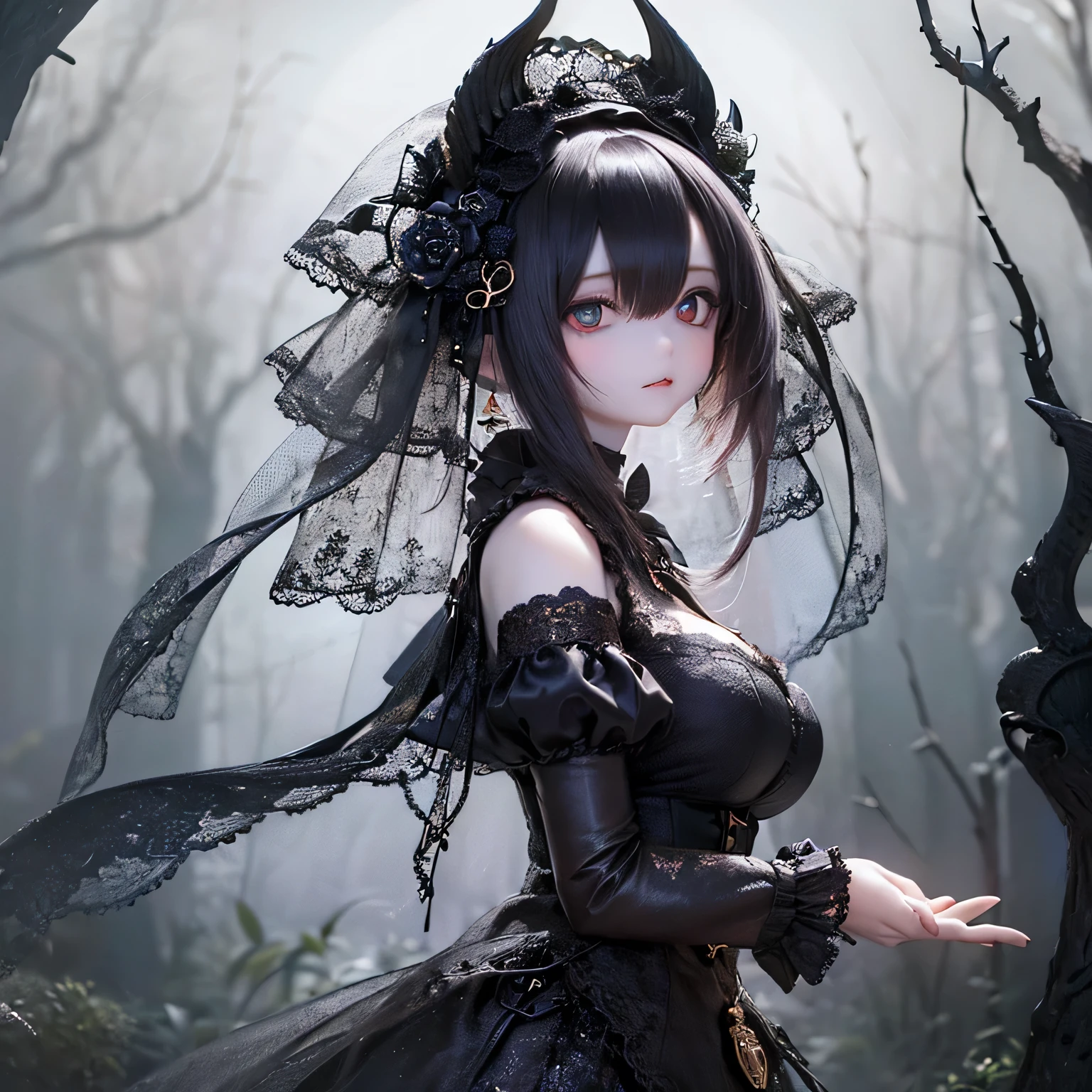 (highest quality,4K,8k,High resolution,masterpiece:1.2),beautiful detailed eye,length eyelashes,Beautiful lip detail,extremely detailed eye and face,(Vibrant colors,colorful,Contrast enhancement:1.1),dark atmosphere,spooky ambiance,Gothic style,Satanic in front,Devilish charm,(Fine art,shape:1.1),Digital Painting,dark fantasy theme,dramatic lighting,Ghost-likely beautiful,Detailed texture, (Horror, dark, Bad luckな) girl, (Gothic, Victorian) fashion, (Mysterious, Charming) vision, (pale, porcelain) skin, (length, Flowing) Black Hair, (elegant, Complex) Lace dress, (Bad luck, spooky) Shadow, (spooky, Otherworldly) background, (Illuminated by the moonlight, Ghosts appear) garden, (Bad luckな, charmed〜Three Witch Sisters) forest, (elegant, Charming) Temporarily stop, (dark, Mysterious) aura, (Mysterious, Supernatural) Powers, (Forbidden, Mysterious) mode, (charmed〜Three Witch Sisters, cursed) relic, (Twisted, bent) reality, (Charming, Ghost-like) smile, (cold, bone-cold) silence, (elegant, Gothic) architecture, (Bad luckな, hypnotism) eye, (intense, dark) emotion, (Powerful, order) in front, (Bad luck, Bad luckな) atmosphere, (Spooky, Spooky) detailed, (Charming, charm) performance, (Satanic, Ghost-likely beautiful) shape, (elegant, spooky) composition, (Surreal, dream-like) scenery, (strict, Bad luckな) cloud, (magic, Mysterious) element, (charmed〜Three Witch Sisters, Ghost-like) aura, (Shadow, Mysterious) shapes, (Ghosts appear, Abandoned) Apartment, (Bad luckな, malicious) Shape, (Supernatural, Otherworldly) energy, (Ghost-like, cold) whisper, (elegant, dramatic) Temporarily stops, (Mysterious, Mysterious) beauty, (Devilish, Charming) eye, (intense, Powerful) vision.Open your arms、(((Ghost)))