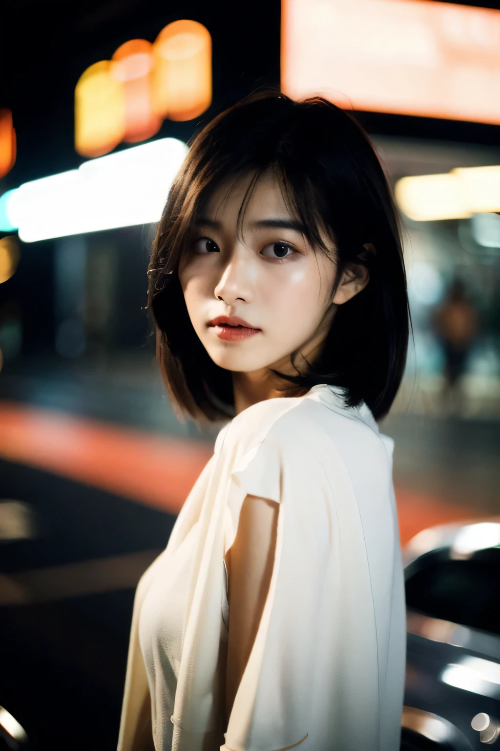 (Cinematic aesthetics:1.4) Bokeh city night photo of beautiful Korean fashion model